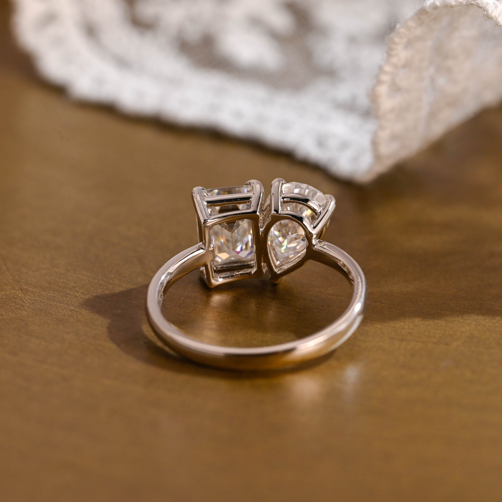 SquareJewelry emerald cut moissanite engagement ring Solid Gold Toi et Moi Emerald Cut & Pear Cut Moissanite Engagement Ring