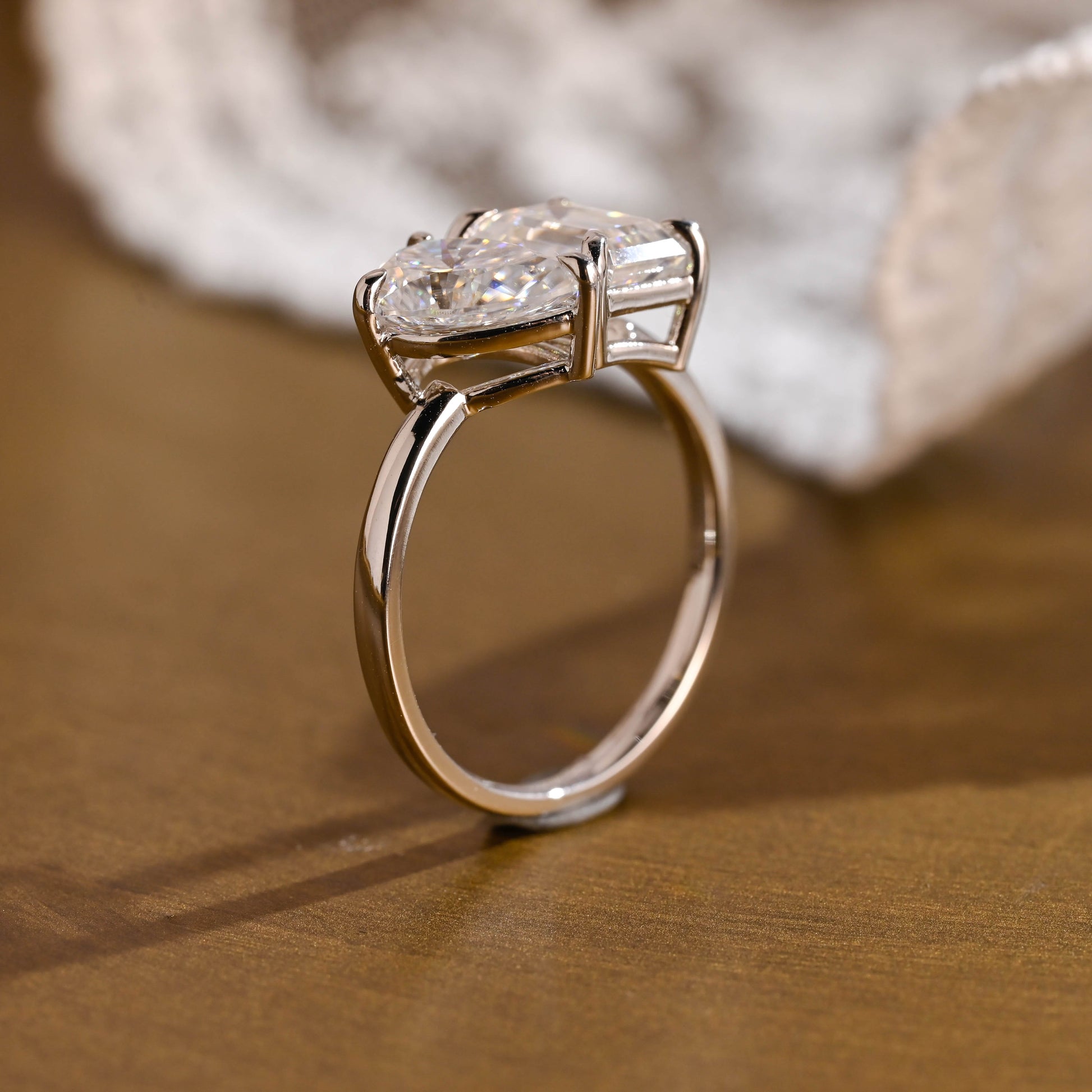 SquareJewelry emerald cut moissanite engagement ring Solid Gold Toi et Moi Emerald Cut & Pear Cut Moissanite Engagement Ring