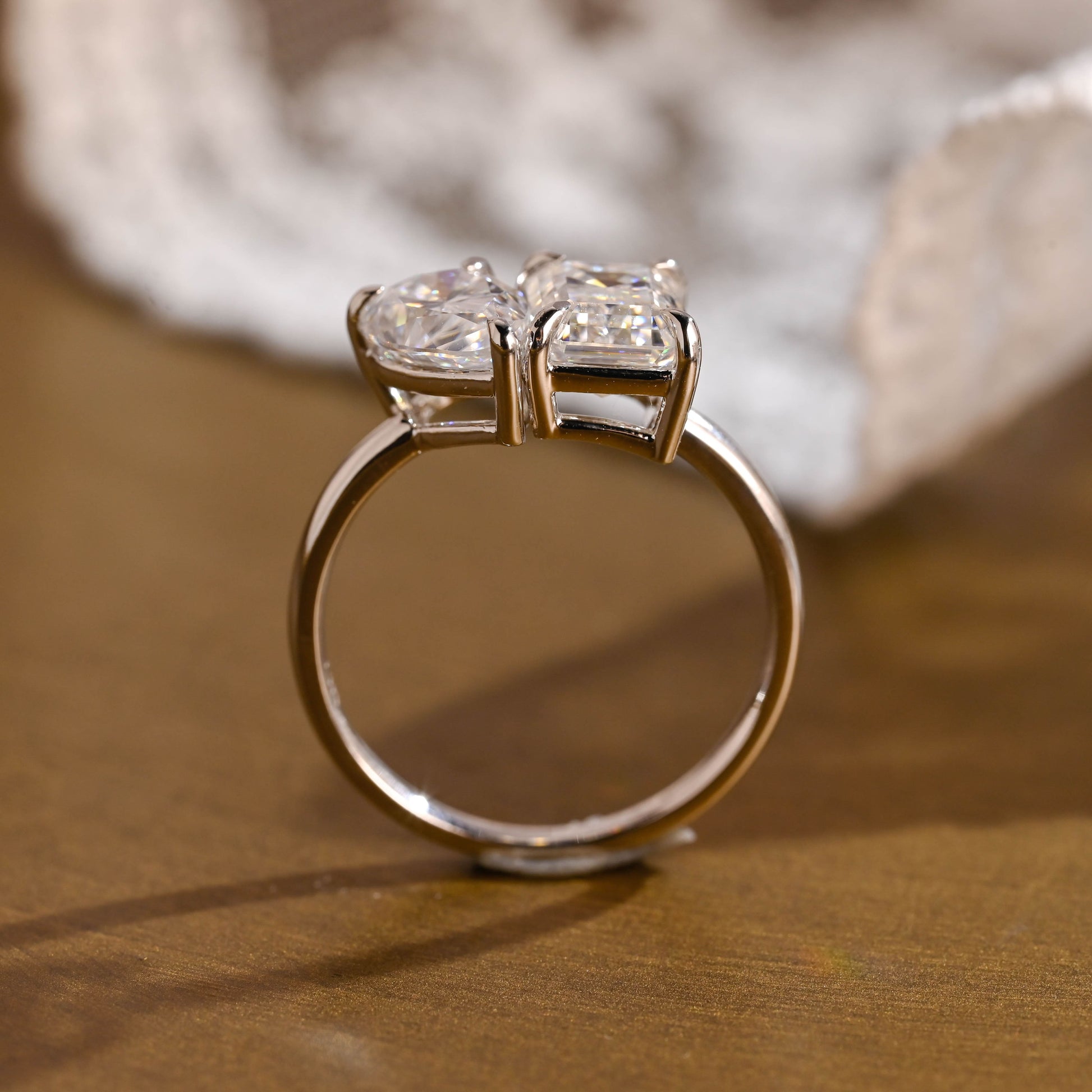 SquareJewelry emerald cut moissanite engagement ring Solid Gold Toi et Moi Emerald Cut & Pear Cut Moissanite Engagement Ring