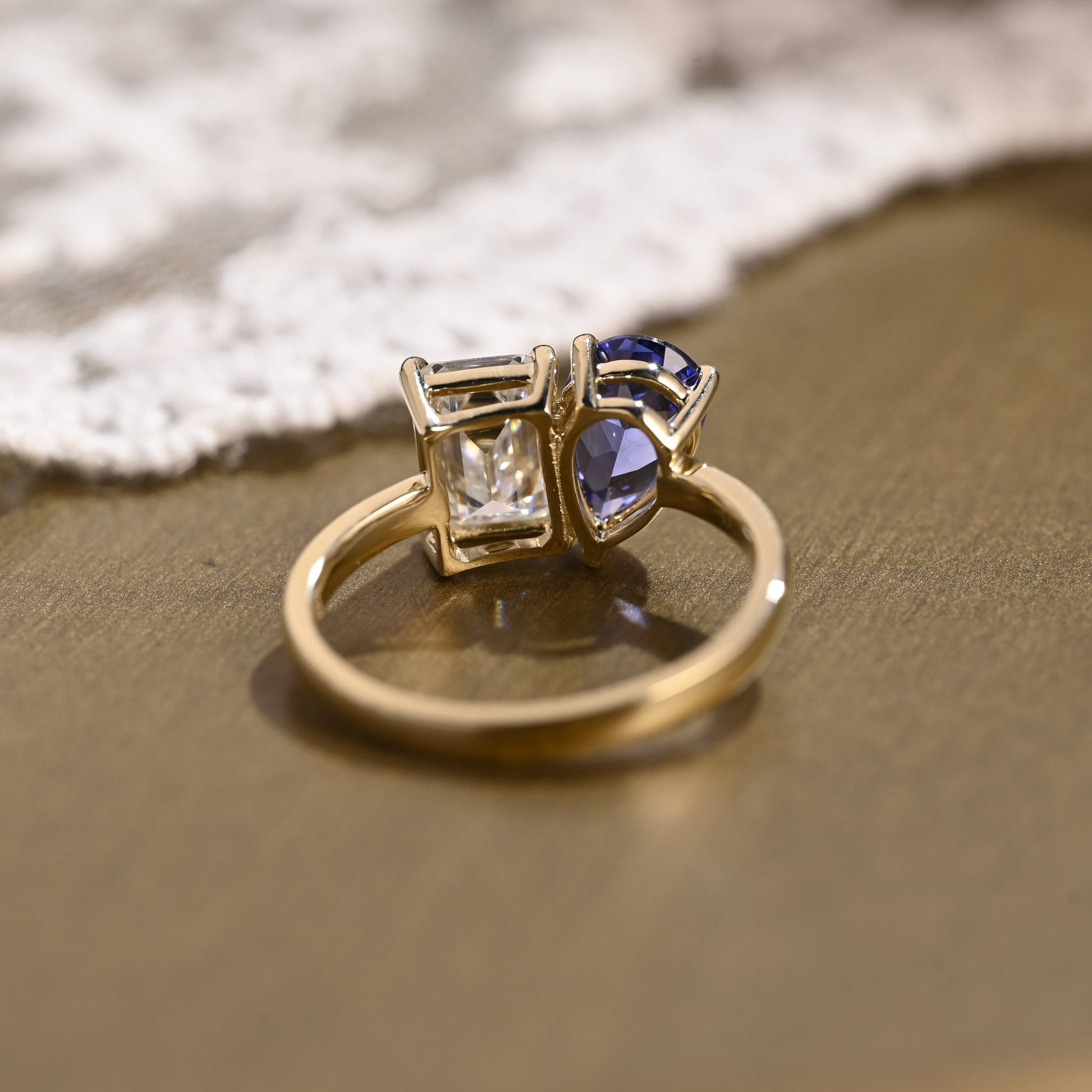 SquareJewelry emerald cut moissanite engagement ring Solid Gold Toi et Moi Emerald Moissanite & Pear Blue Lab Grown Sapphire Engagement Ring