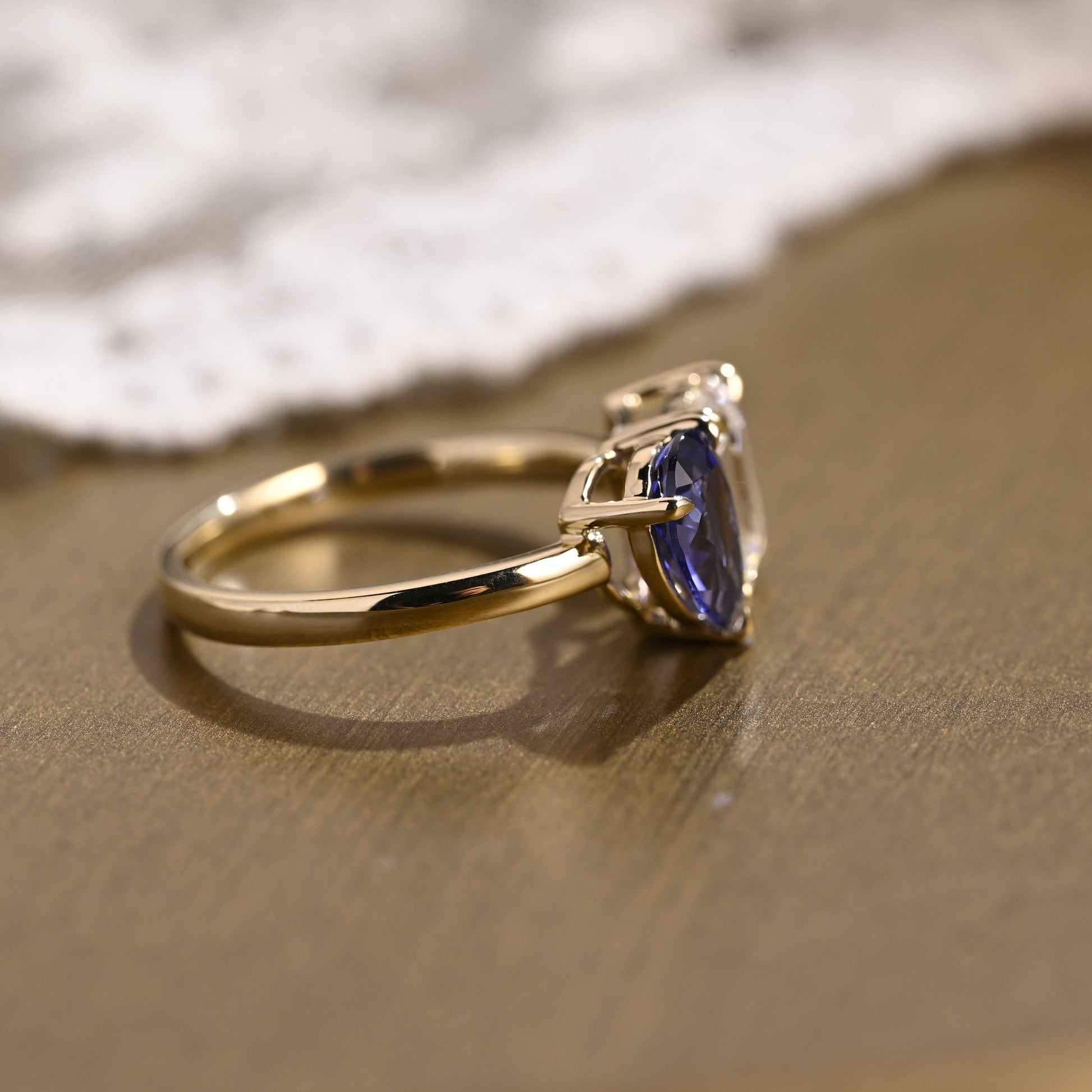 SquareJewelry emerald cut moissanite engagement ring Solid Gold Toi et Moi Emerald Moissanite & Pear Blue Lab Grown Sapphire Engagement Ring