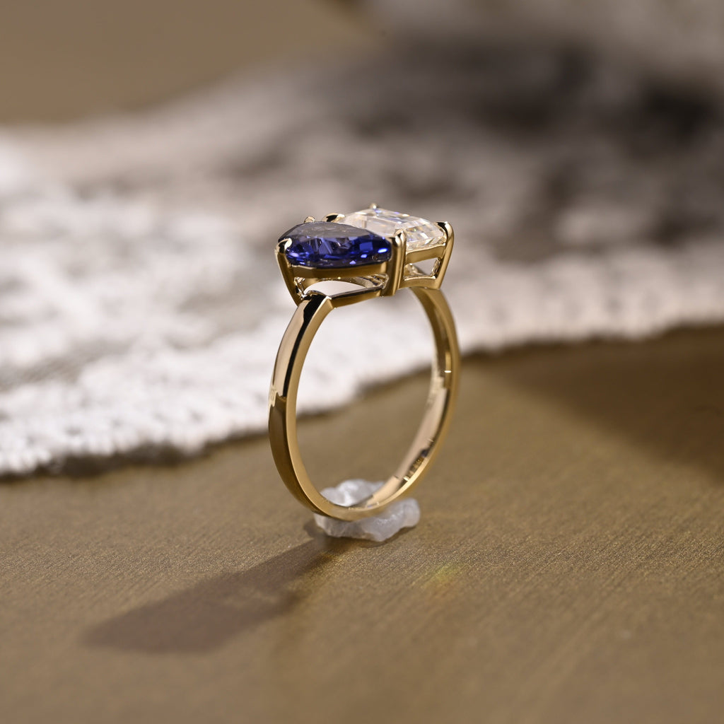 SquareJewelry emerald cut moissanite engagement ring Solid Gold Toi et Moi Emerald Moissanite & Pear Blue Lab Grown Sapphire Engagement Ring