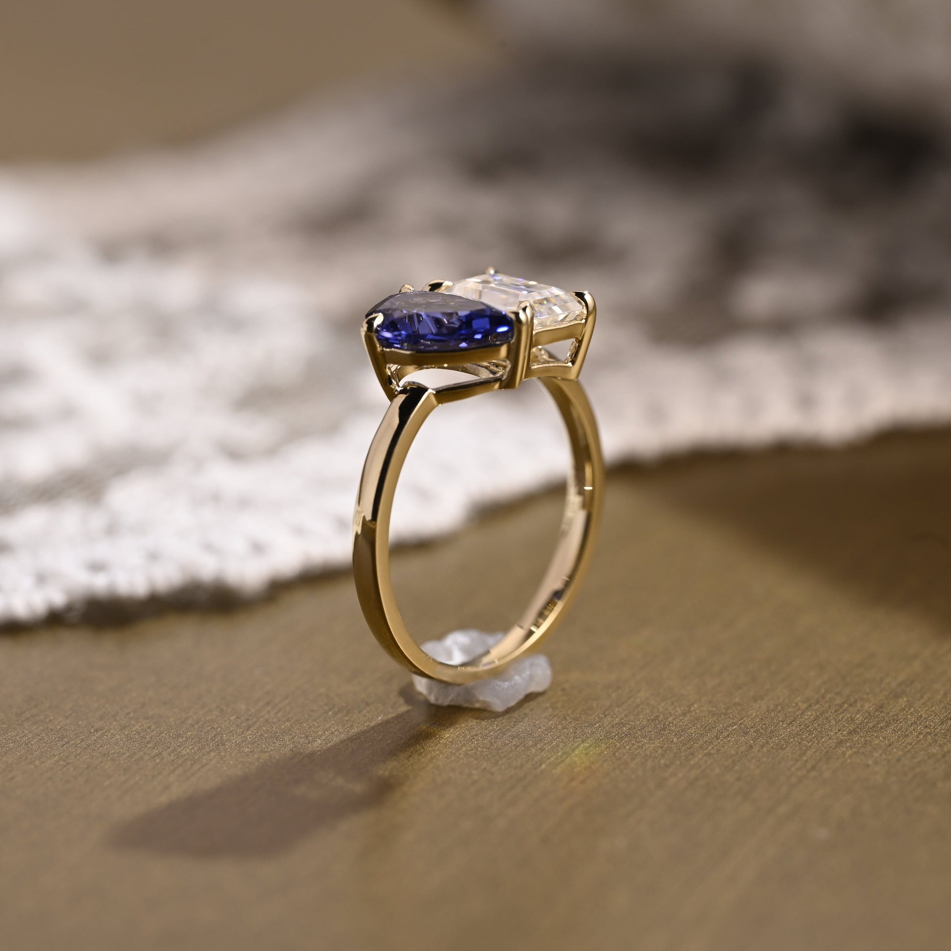 SquareJewelry emerald cut moissanite engagement ring Solid Gold Toi et Moi Emerald Moissanite & Pear Blue Lab Grown Sapphire Engagement Ring