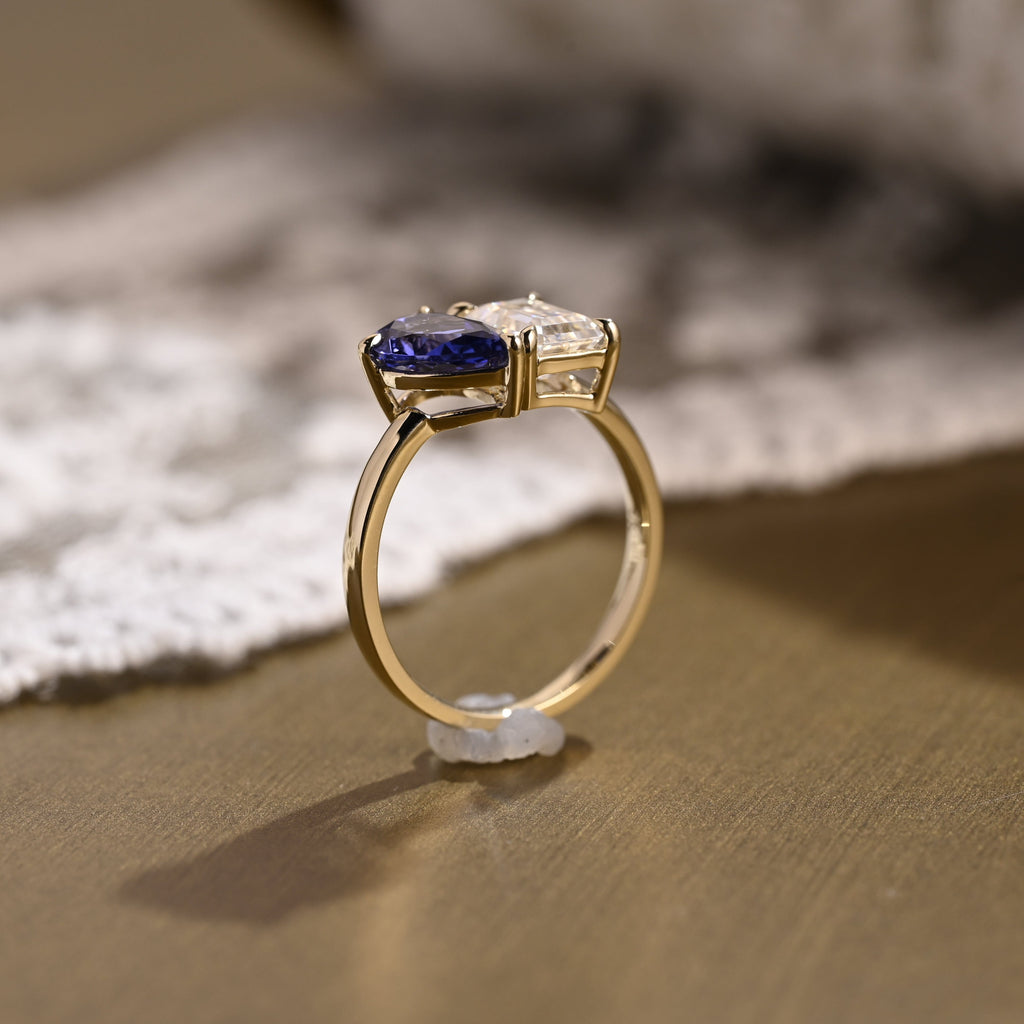 SquareJewelry emerald cut moissanite engagement ring Solid Gold Toi et Moi Emerald Moissanite & Pear Blue Lab Grown Sapphire Engagement Ring