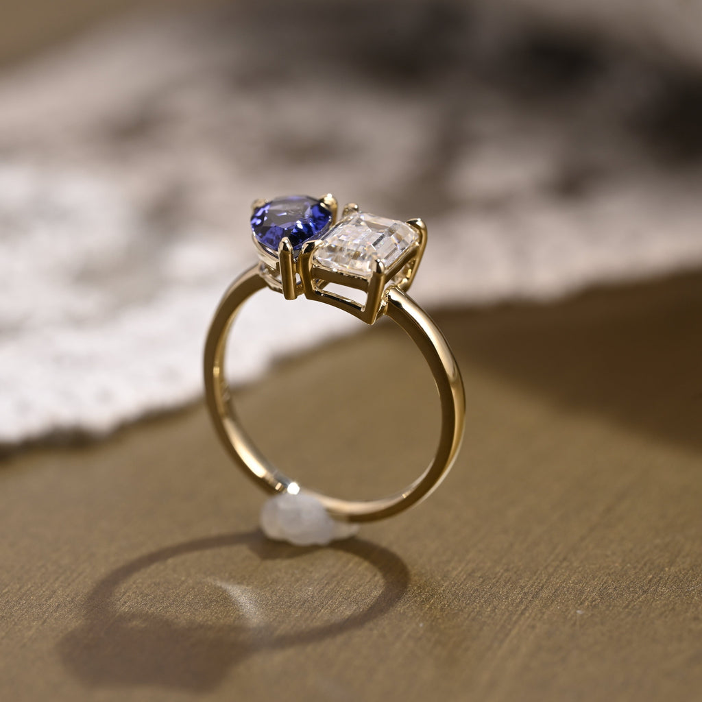 SquareJewelry emerald cut moissanite engagement ring Solid Gold Toi et Moi Emerald Moissanite & Pear Blue Lab Grown Sapphire Engagement Ring