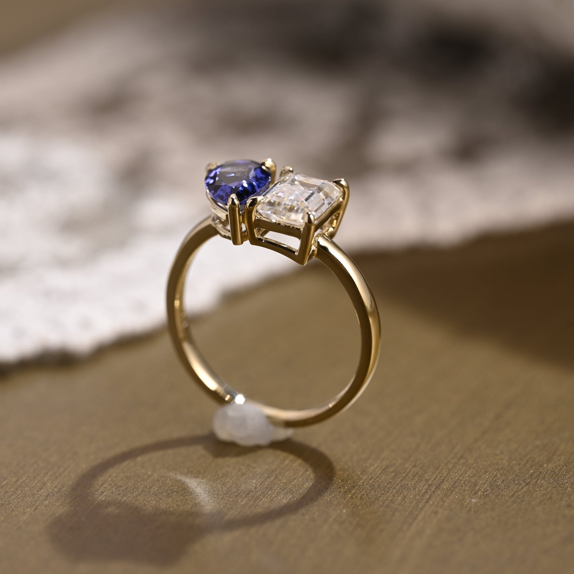 SquareJewelry emerald cut moissanite engagement ring Solid Gold Toi et Moi Emerald Moissanite & Pear Blue Lab Grown Sapphire Engagement Ring