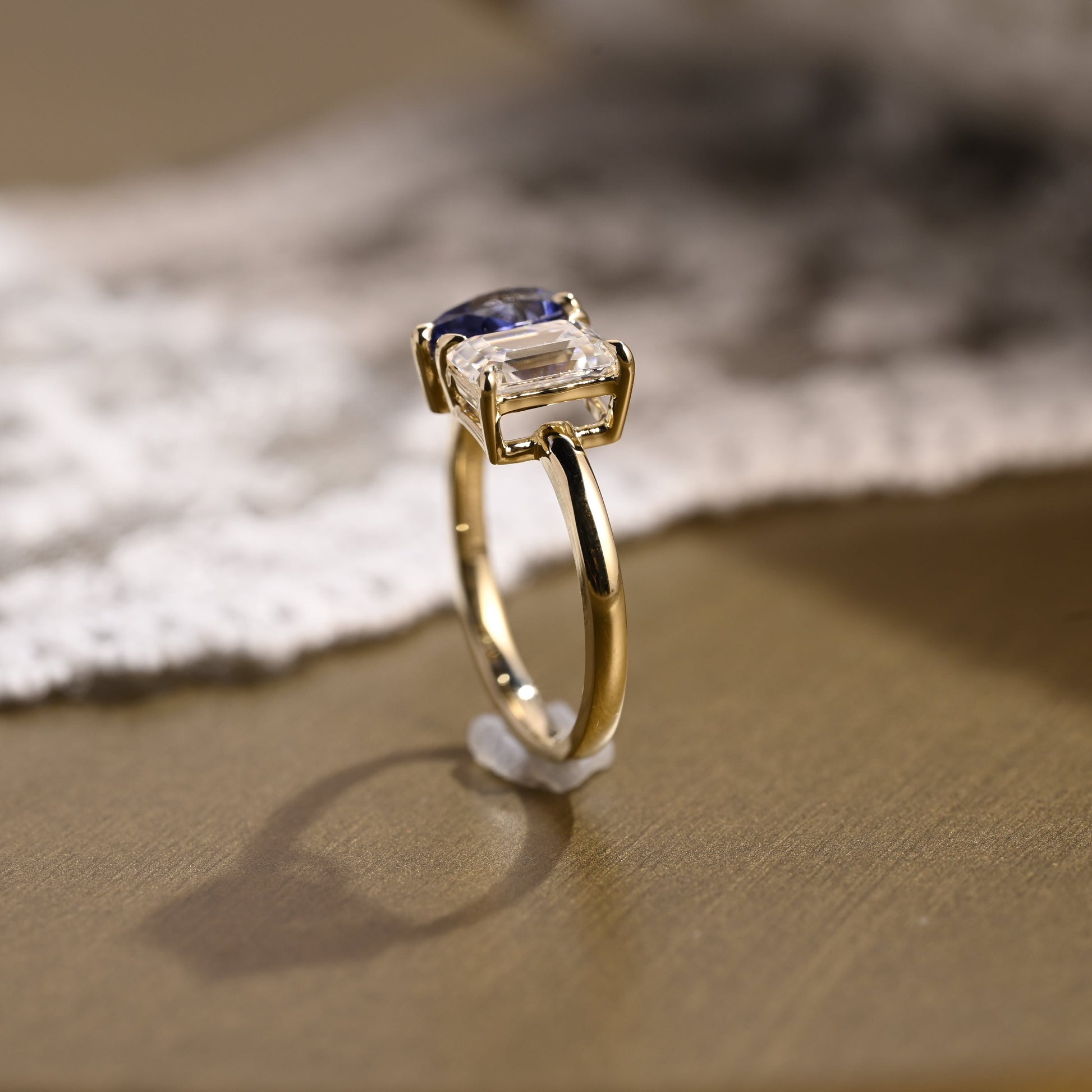 SquareJewelry emerald cut moissanite engagement ring Solid Gold Toi et Moi Emerald Moissanite & Pear Blue Lab Grown Sapphire Engagement Ring