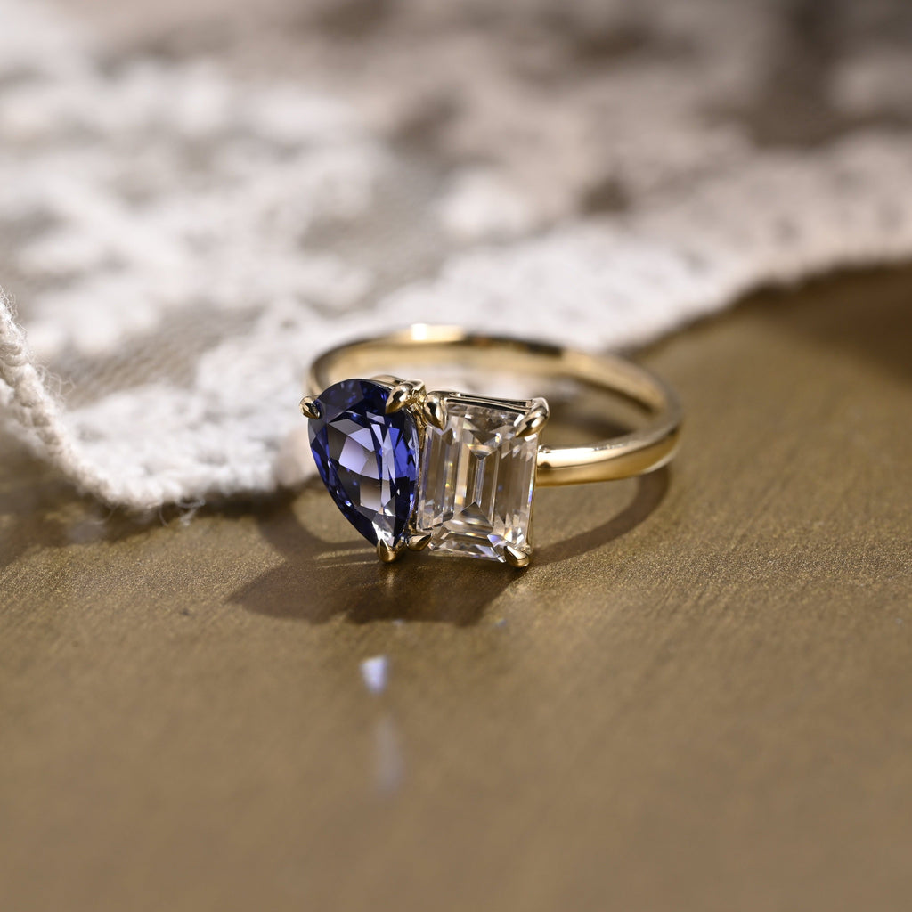 SquareJewelry emerald cut moissanite engagement ring Solid Gold Toi et Moi Emerald Moissanite & Pear Blue Lab Grown Sapphire Engagement Ring