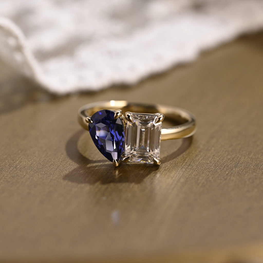 SquareJewelry emerald cut moissanite engagement ring Solid Gold Toi et Moi Emerald Moissanite & Pear Blue Lab Grown Sapphire Engagement Ring