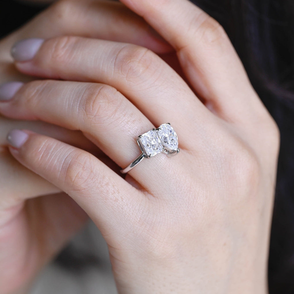 SquareJewelry emerald cut moissanite engagement ring Solid Gold Toi et Moi Emerald & Pear Moissanite Engagement Ring