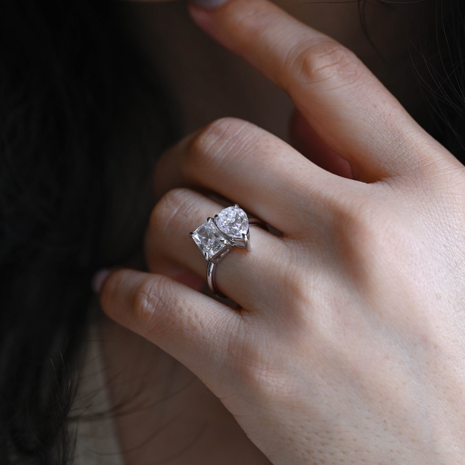 SquareJewelry emerald cut moissanite engagement ring Solid Gold Toi et Moi Emerald & Pear Moissanite Engagement Ring