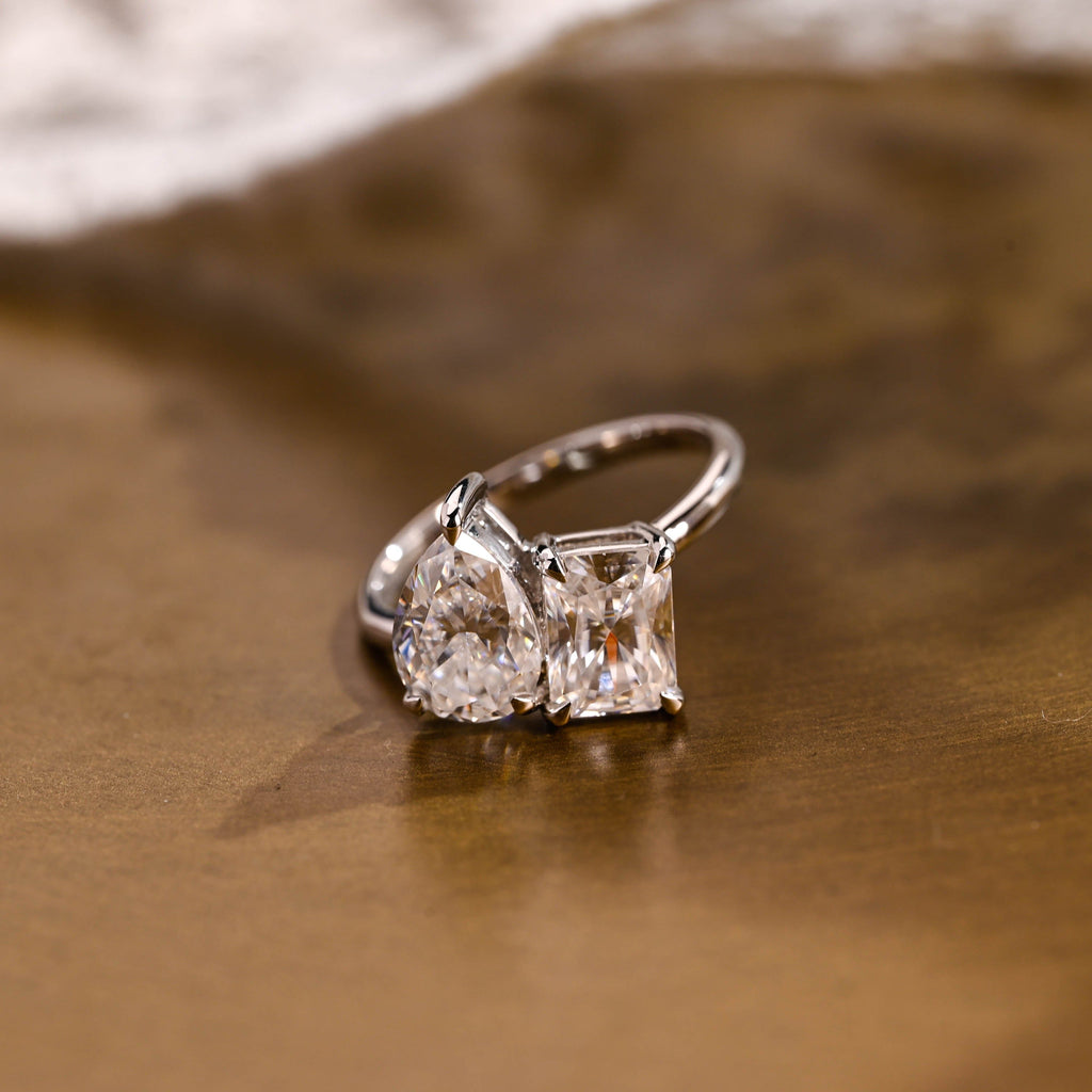 SquareJewelry emerald cut moissanite engagement ring Solid Gold Toi et Moi Emerald & Pear Moissanite Engagement Ring
