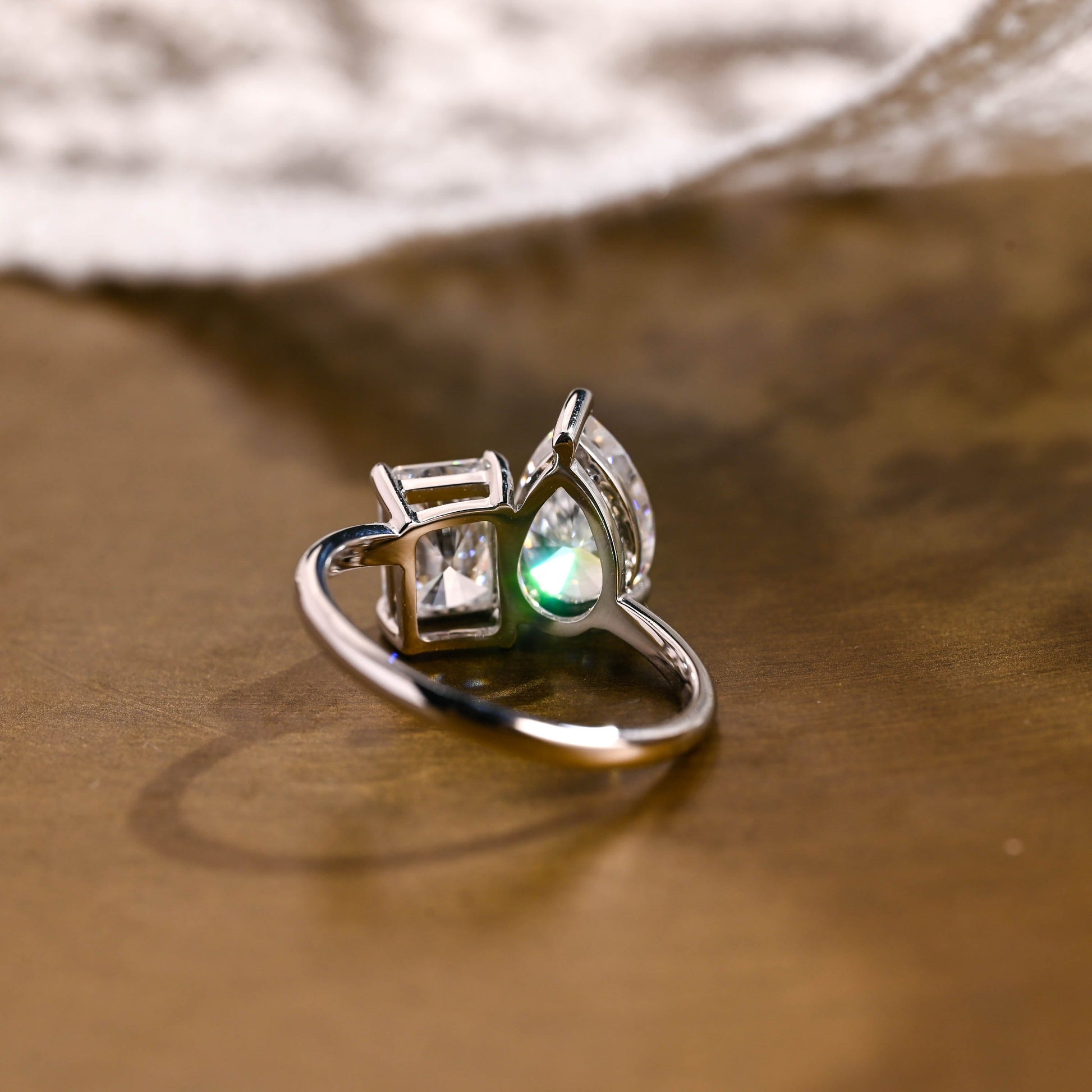SquareJewelry emerald cut moissanite engagement ring Solid Gold Toi et Moi Emerald & Pear Moissanite Engagement Ring