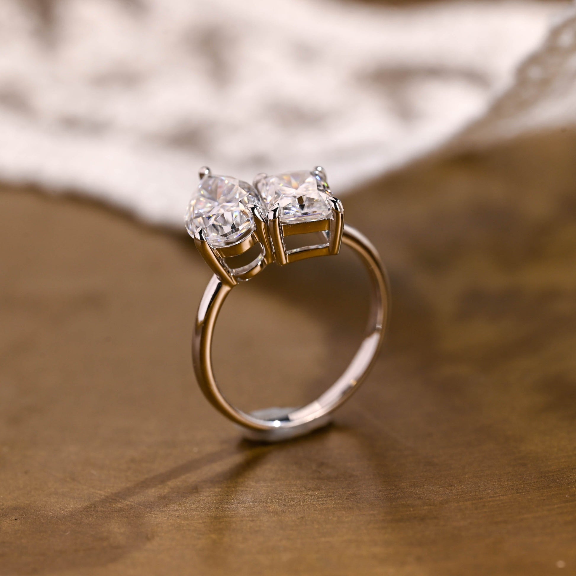 SquareJewelry emerald cut moissanite engagement ring Solid Gold Toi et Moi Emerald & Pear Moissanite Engagement Ring