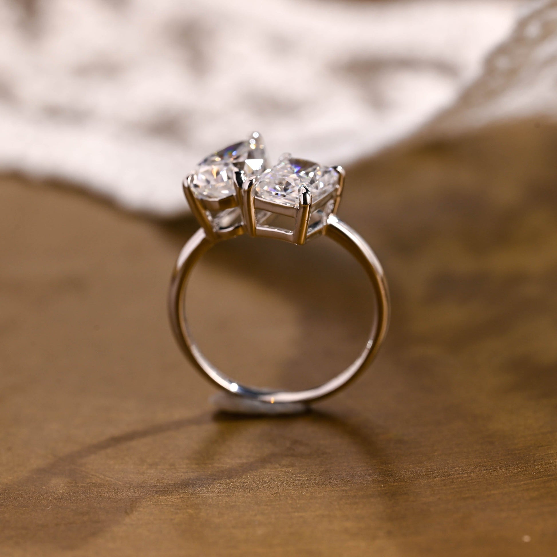 SquareJewelry emerald cut moissanite engagement ring Solid Gold Toi et Moi Emerald & Pear Moissanite Engagement Ring