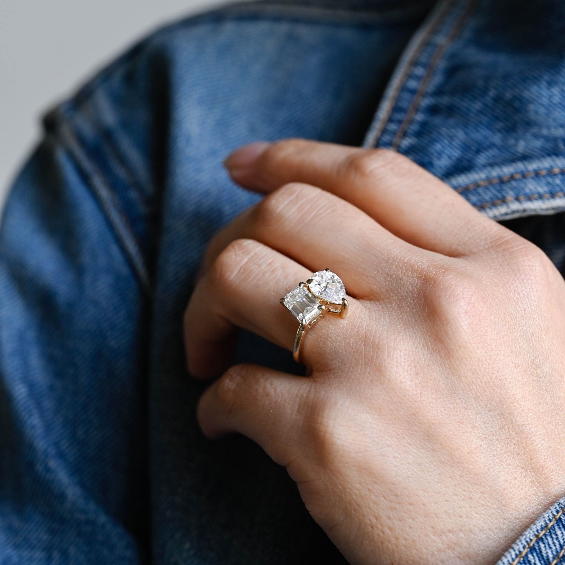 SquareJewelry emerald cut moissanite engagement ring Solid Gold Toi et Moi Emerald & Pear Moissanite Engagement Ring