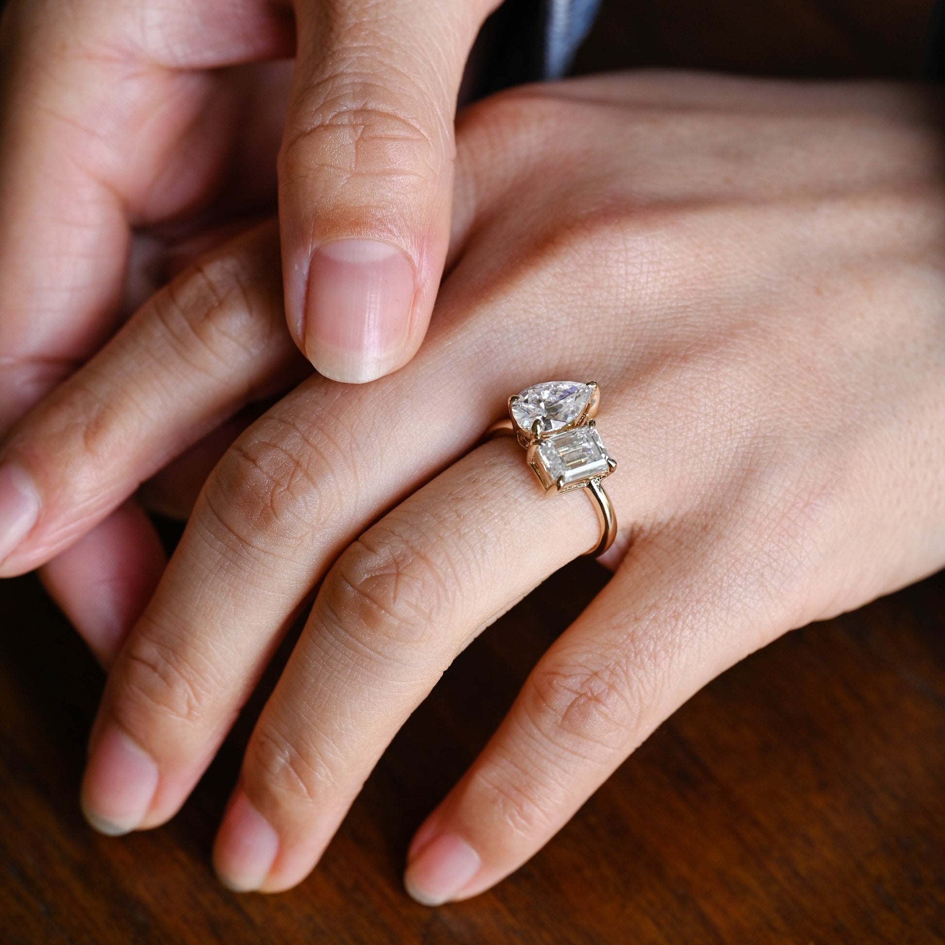 SquareJewelry emerald cut moissanite engagement ring Solid Gold Toi et Moi Emerald & Pear Moissanite Engagement Ring