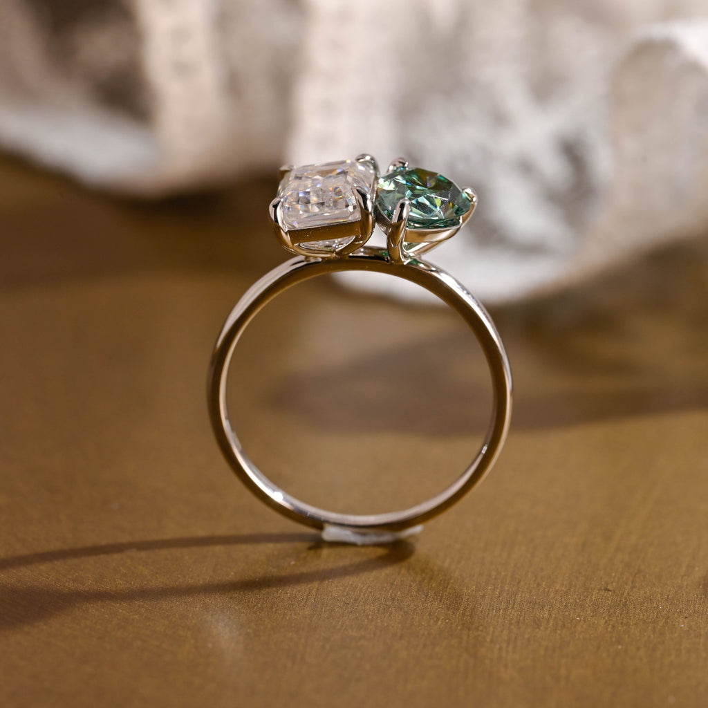 SquareJewelry Emerald cut moissanite engagement ring Solid Gold Toi et Moi Pear Cut Green Moissanite & Emerald Cut Moissanite Engagement Ring