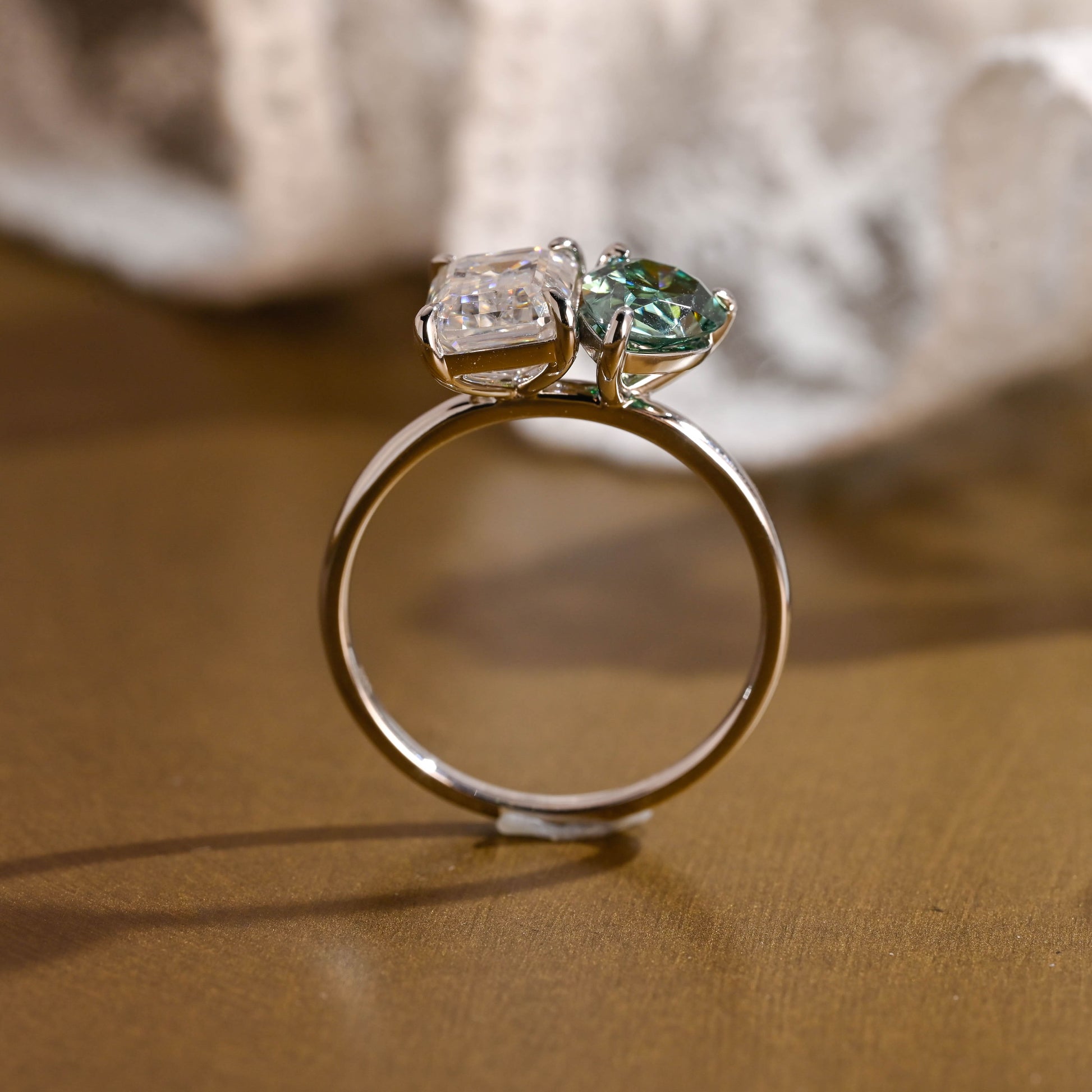 SquareJewelry Emerald cut moissanite engagement ring Solid Gold Toi et Moi Pear Cut Green Moissanite & Emerald Cut Moissanite Engagement Ring