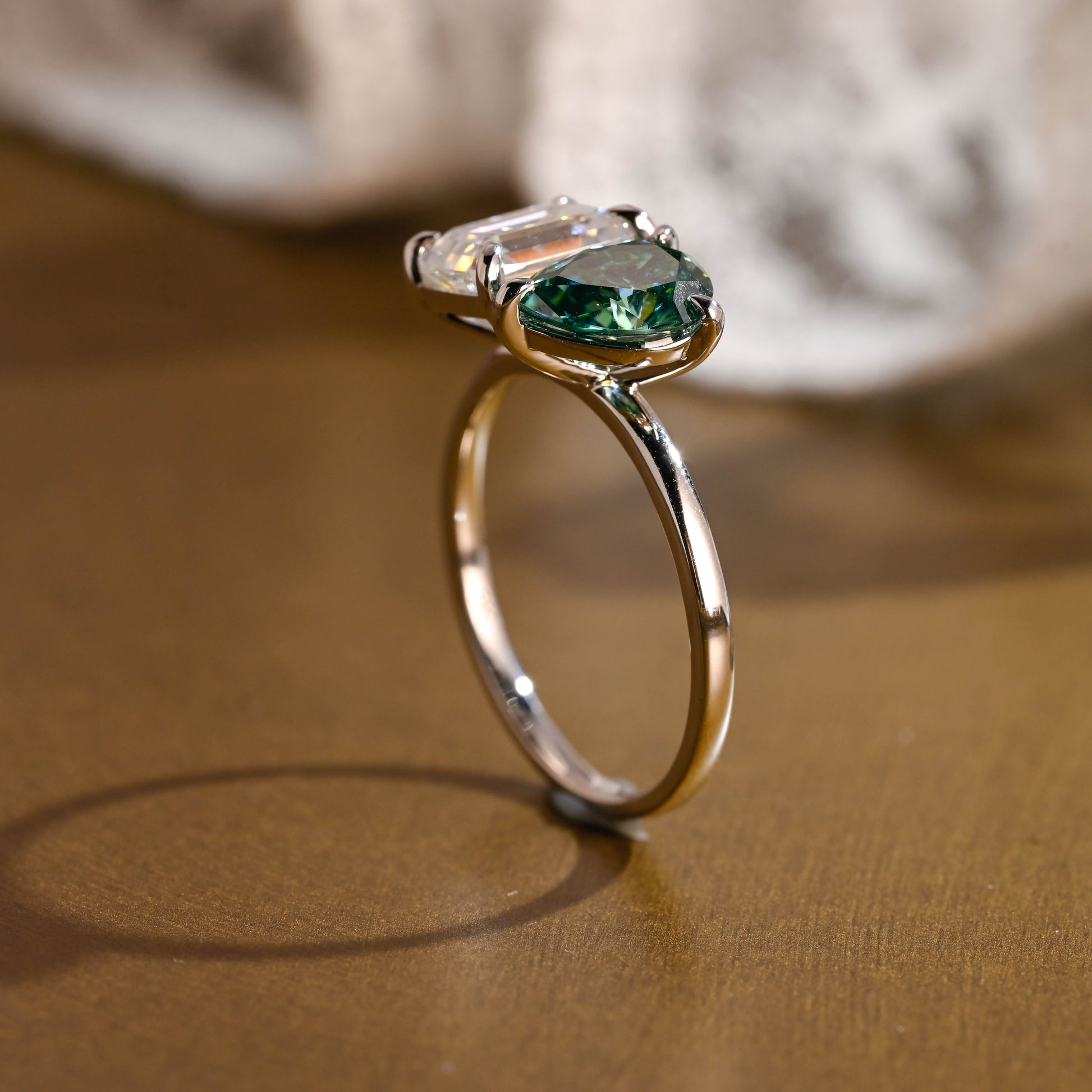 SquareJewelry Emerald cut moissanite engagement ring Solid Gold Toi et Moi Pear Cut Green Moissanite & Emerald Cut Moissanite Engagement Ring