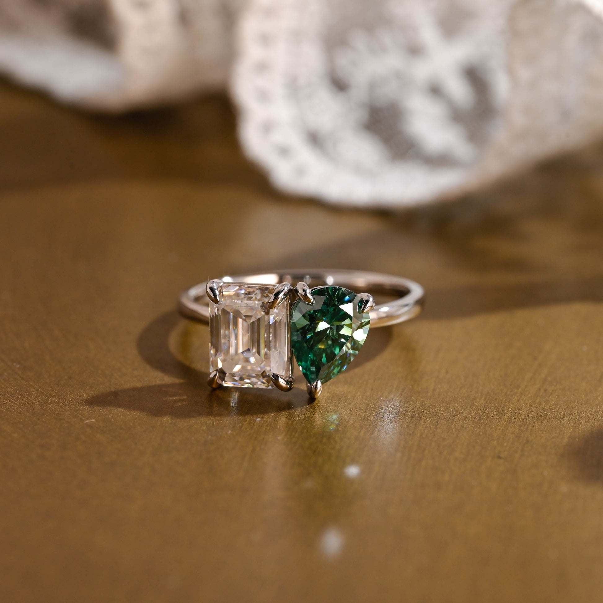 SquareJewelry Emerald cut moissanite engagement ring Solid Gold Toi et Moi Pear Cut Green Moissanite & Emerald Cut Moissanite Engagement Ring