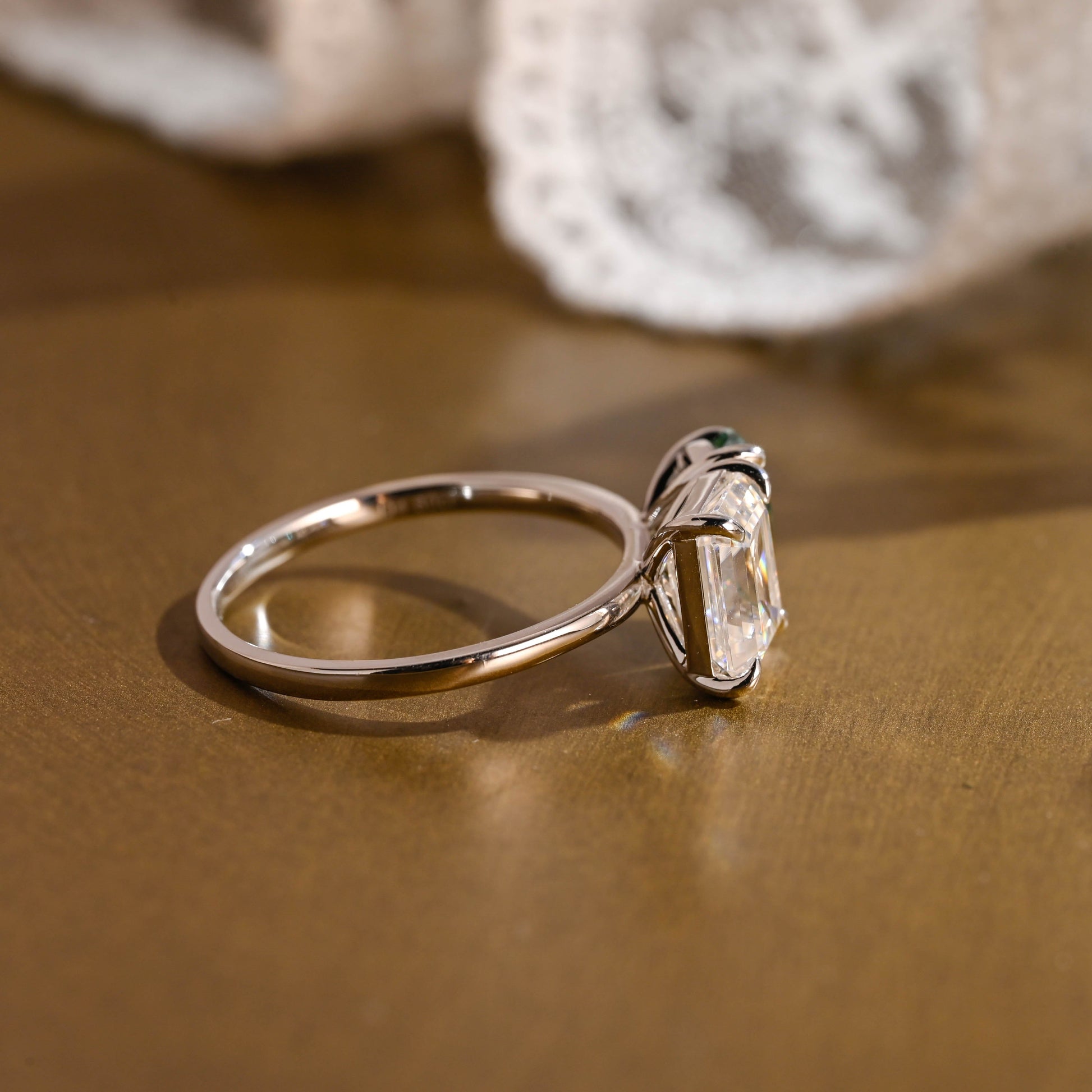 SquareJewelry Emerald cut moissanite engagement ring Solid Gold Toi et Moi Pear Cut Green Moissanite & Emerald Cut Moissanite Engagement Ring