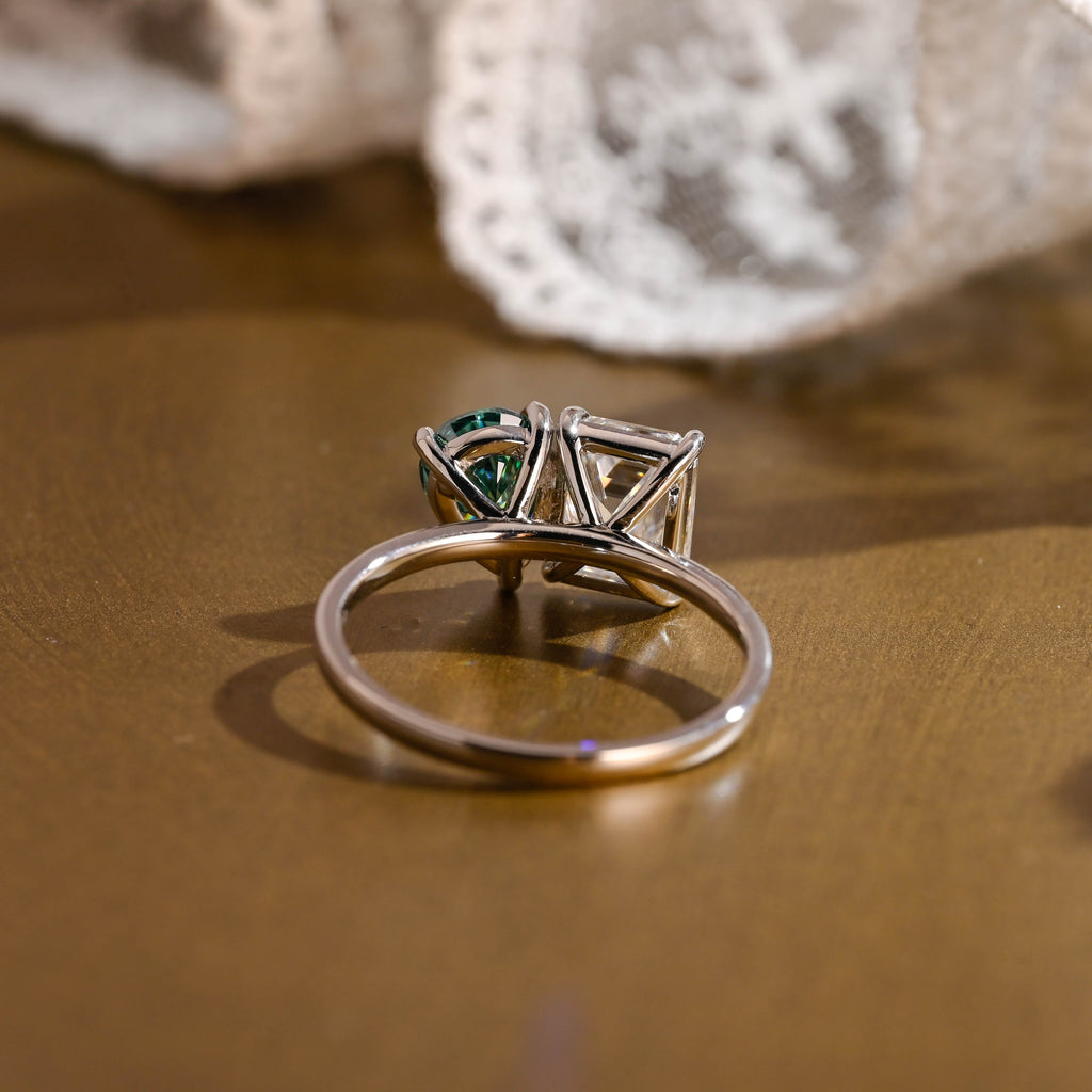 SquareJewelry Emerald cut moissanite engagement ring Solid Gold Toi et Moi Pear Cut Green Moissanite & Emerald Cut Moissanite Engagement Ring