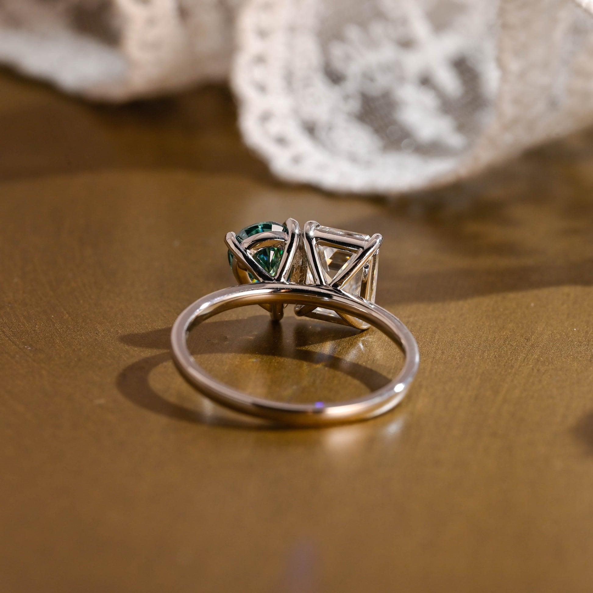 SquareJewelry Emerald cut moissanite engagement ring Solid Gold Toi et Moi Pear Cut Green Moissanite & Emerald Cut Moissanite Engagement Ring