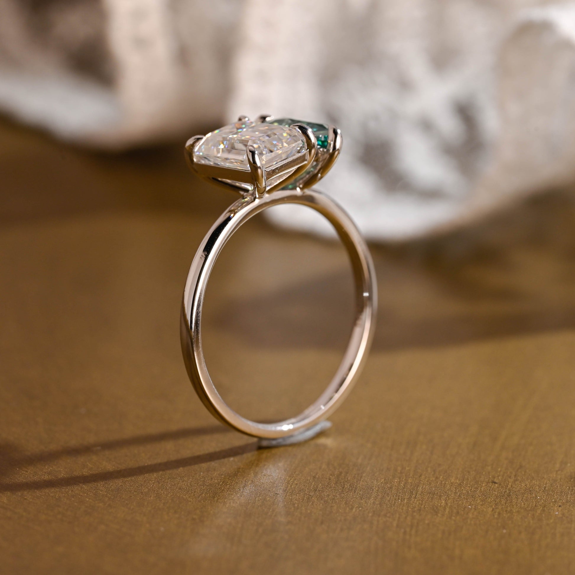 SquareJewelry Emerald cut moissanite engagement ring Solid Gold Toi et Moi Pear Cut Green Moissanite & Emerald Cut Moissanite Engagement Ring