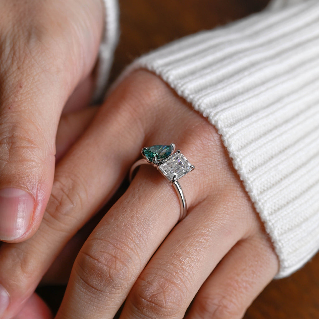 SquareJewelry Emerald cut moissanite engagement ring Solid Gold Toi et Moi Pear Cut Green Moissanite & Emerald Cut Moissanite Engagement Ring
