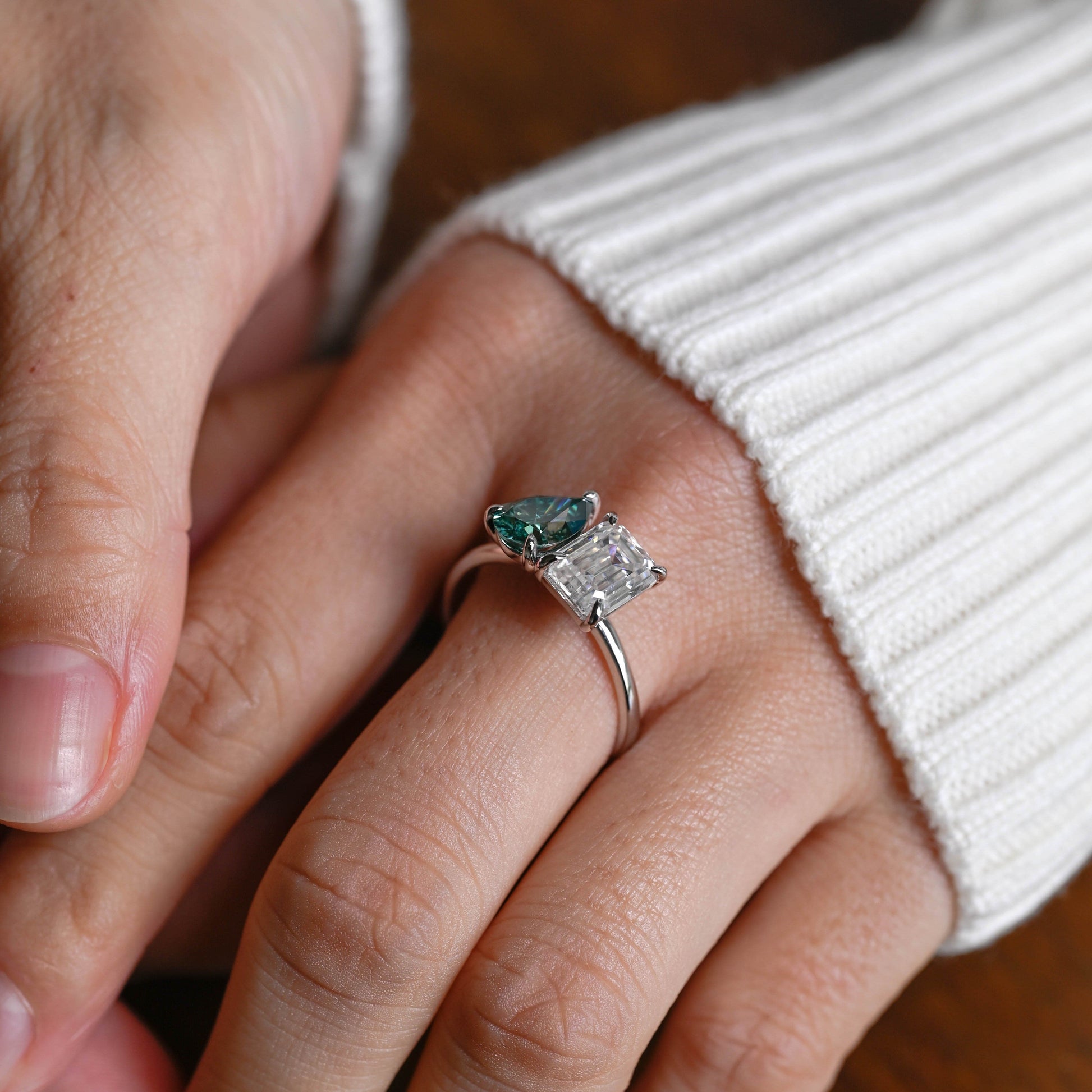 SquareJewelry Emerald cut moissanite engagement ring Solid Gold Toi et Moi Pear Cut Green Moissanite & Emerald Cut Moissanite Engagement Ring