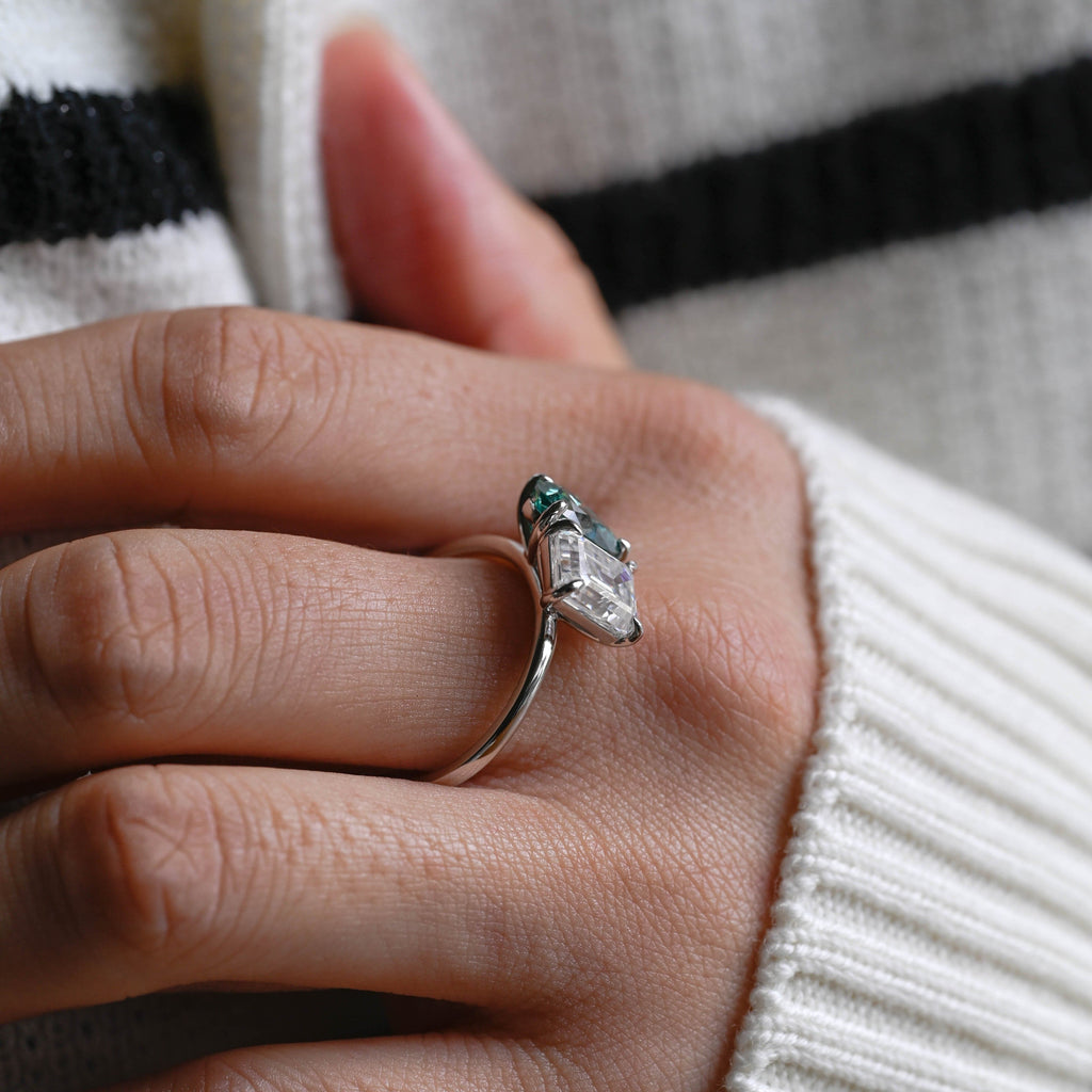 SquareJewelry Emerald cut moissanite engagement ring Solid Gold Toi et Moi Pear Cut Green Moissanite & Emerald Cut Moissanite Engagement Ring