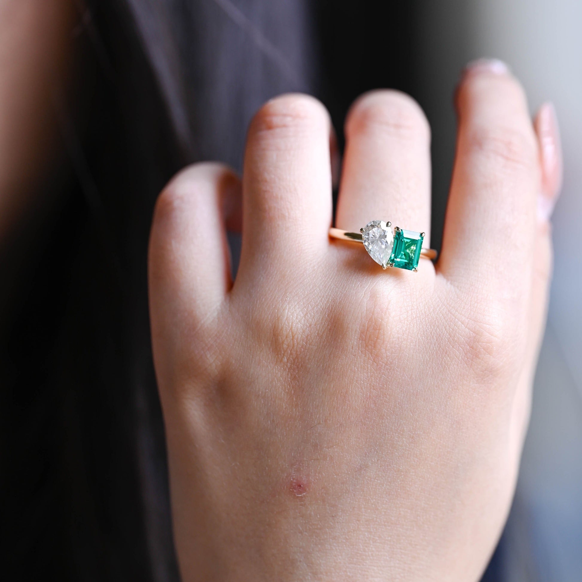 SquareJewelry emerald cut moissanite engagement ring Solid Gold Toi et Moi Pear Cut Moissanite & Emerald Cut Lab Grown Emerald Engagement Ring