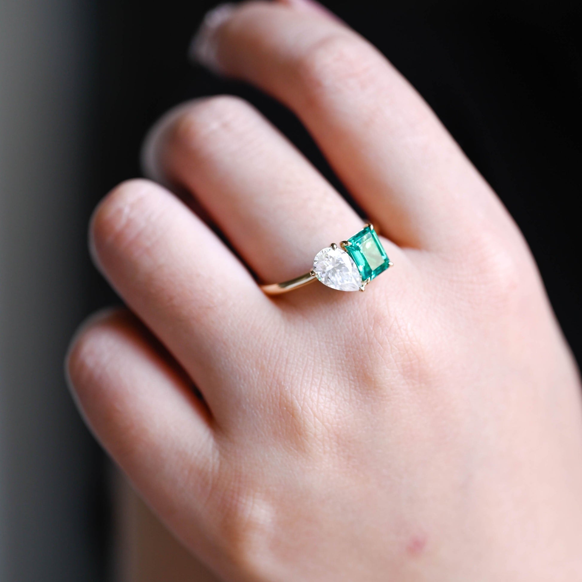 SquareJewelry emerald cut moissanite engagement ring Solid Gold Toi et Moi Pear Cut Moissanite & Emerald Cut Lab Grown Emerald Engagement Ring