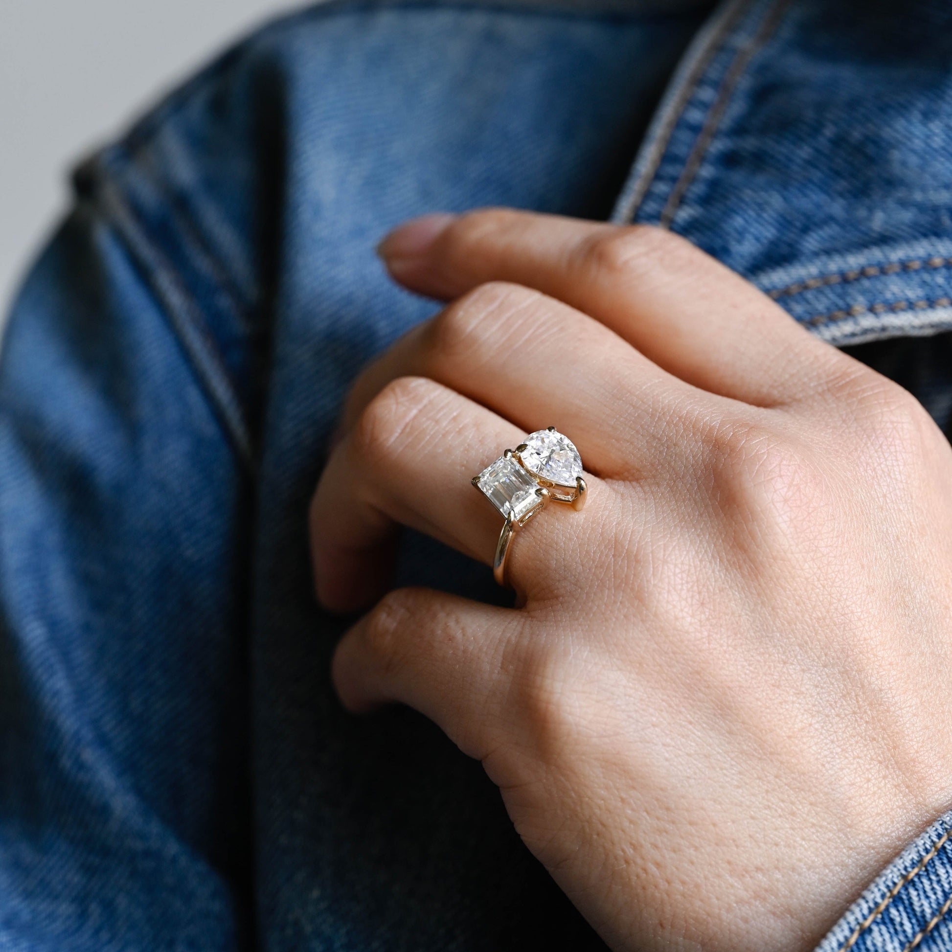 SquareJewelry emerald cut moissanite engagement ring Solid Gold Toi et Moi Radiant & Pear Moissanite Engagement Ring
