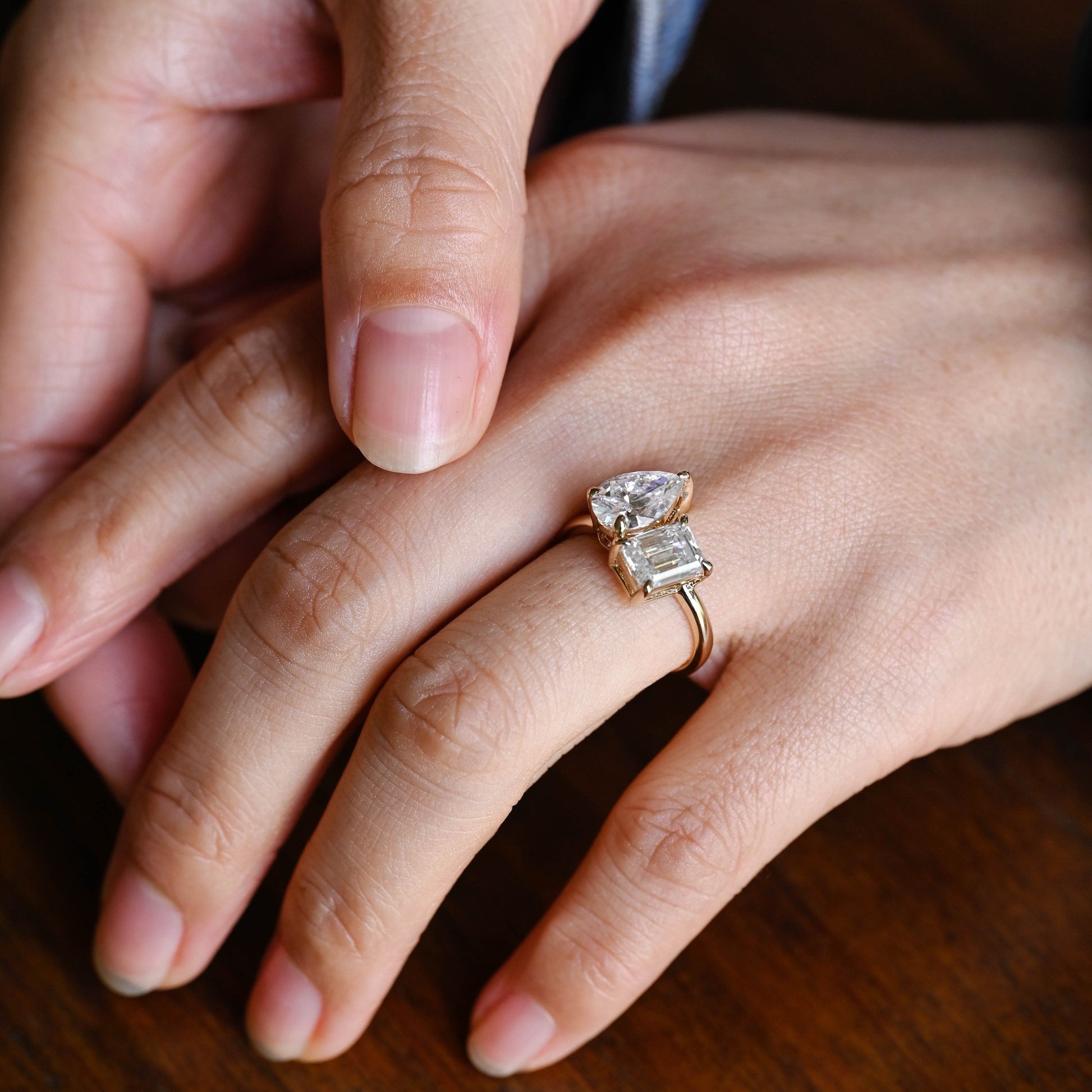 SquareJewelry emerald cut moissanite engagement ring Solid Gold Toi et Moi Radiant & Pear Moissanite Engagement Ring