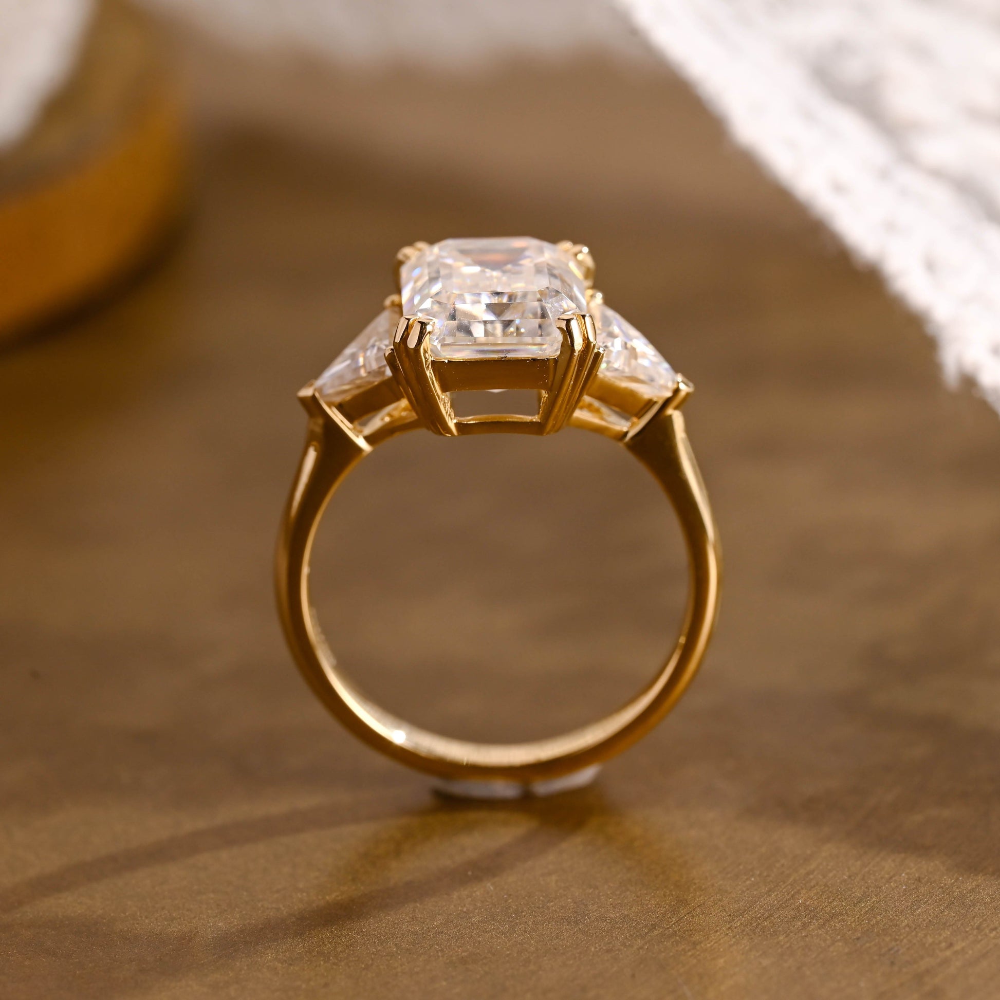 SquareJewelry emerald cut moissanite engagement ring Solid Gold Trillion Accents Emerald Cut Moissanite Engagement Ring
