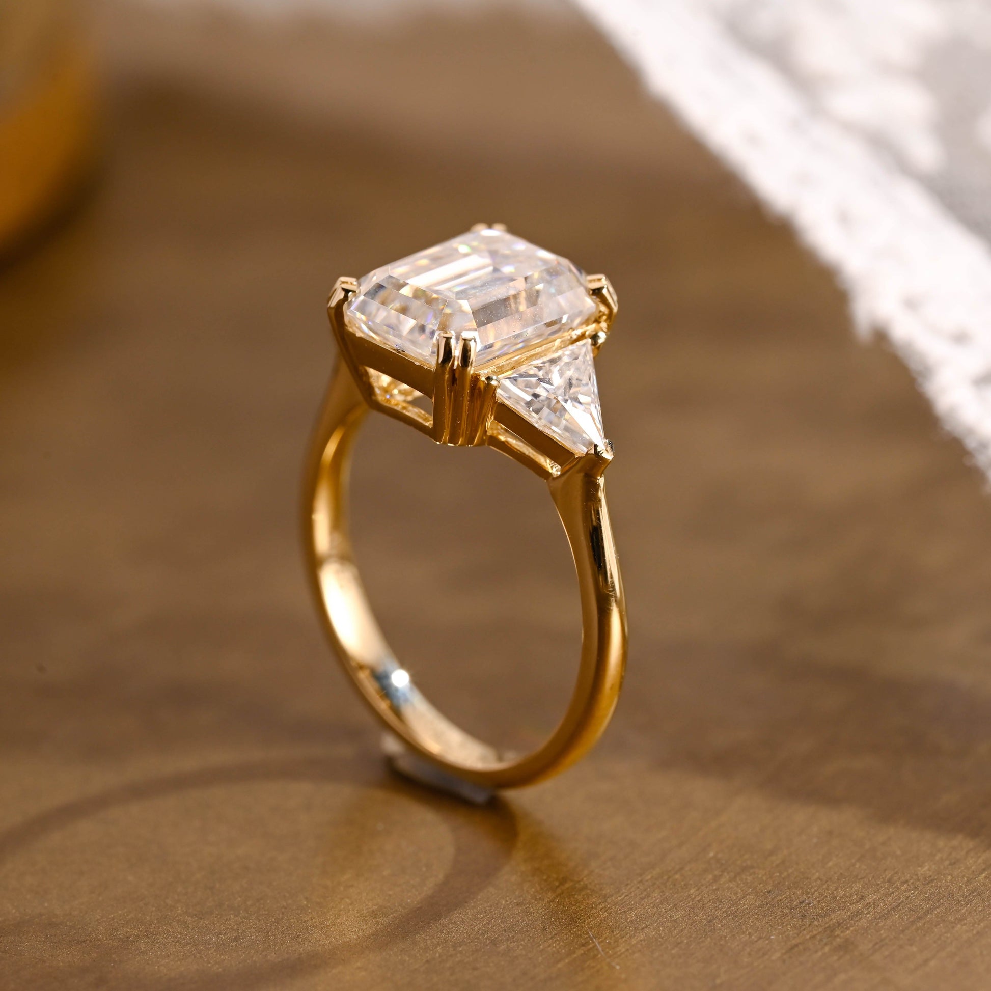 SquareJewelry emerald cut moissanite engagement ring Solid Gold Trillion Accents Emerald Cut Moissanite Engagement Ring