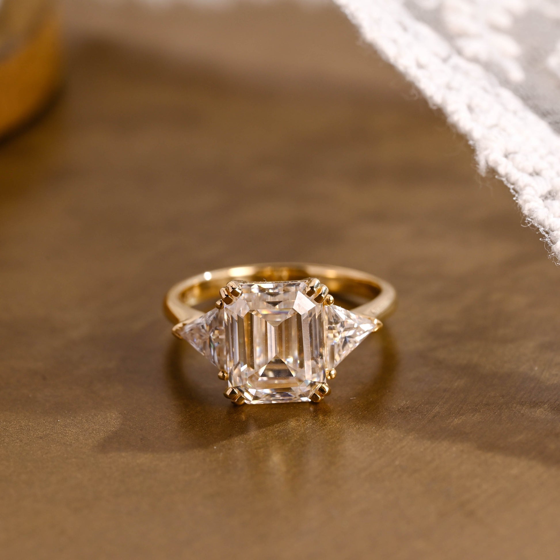 SquareJewelry emerald cut moissanite engagement ring Solid Gold Trillion Accents Emerald Cut Moissanite Engagement Ring