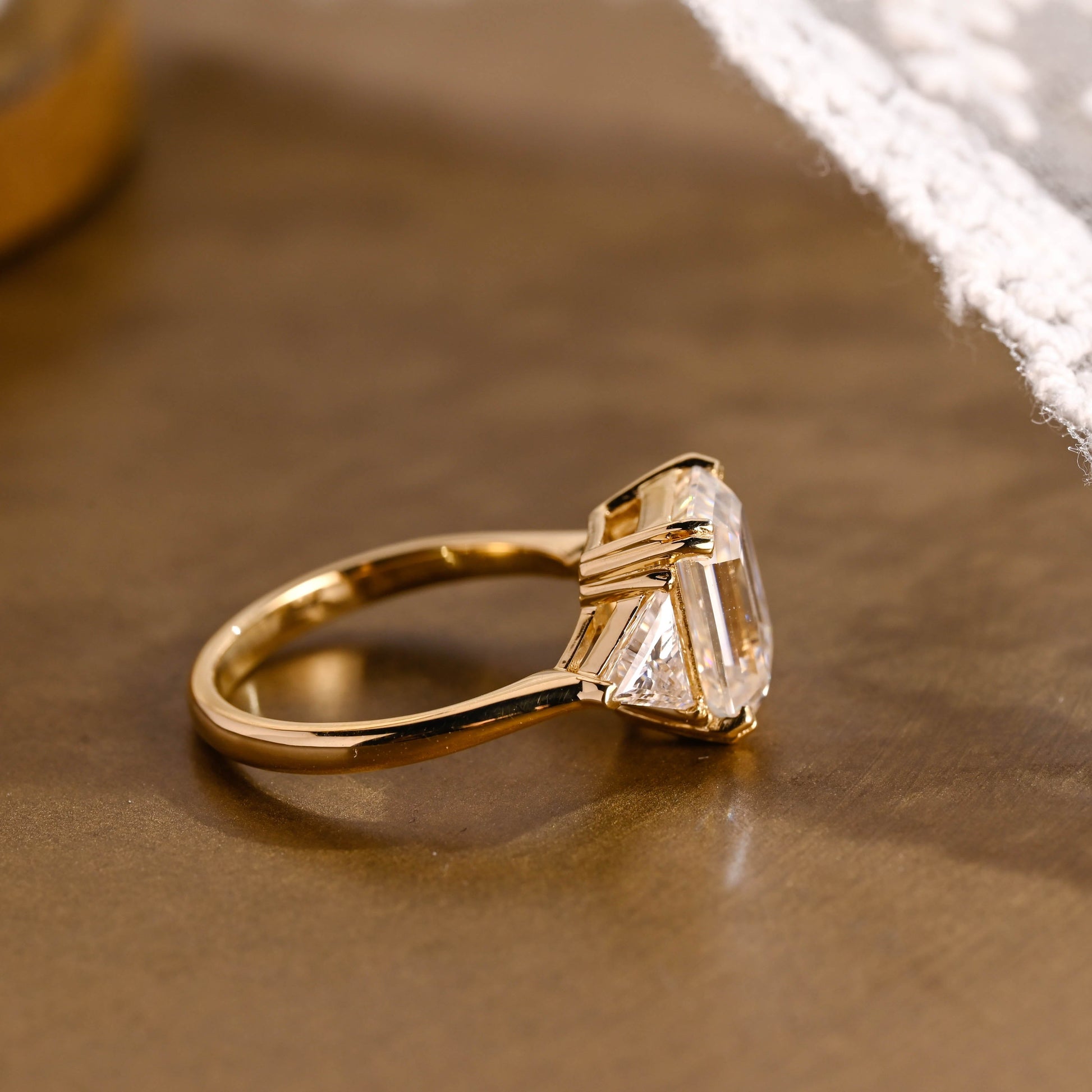 SquareJewelry emerald cut moissanite engagement ring Solid Gold Trillion Accents Emerald Cut Moissanite Engagement Ring