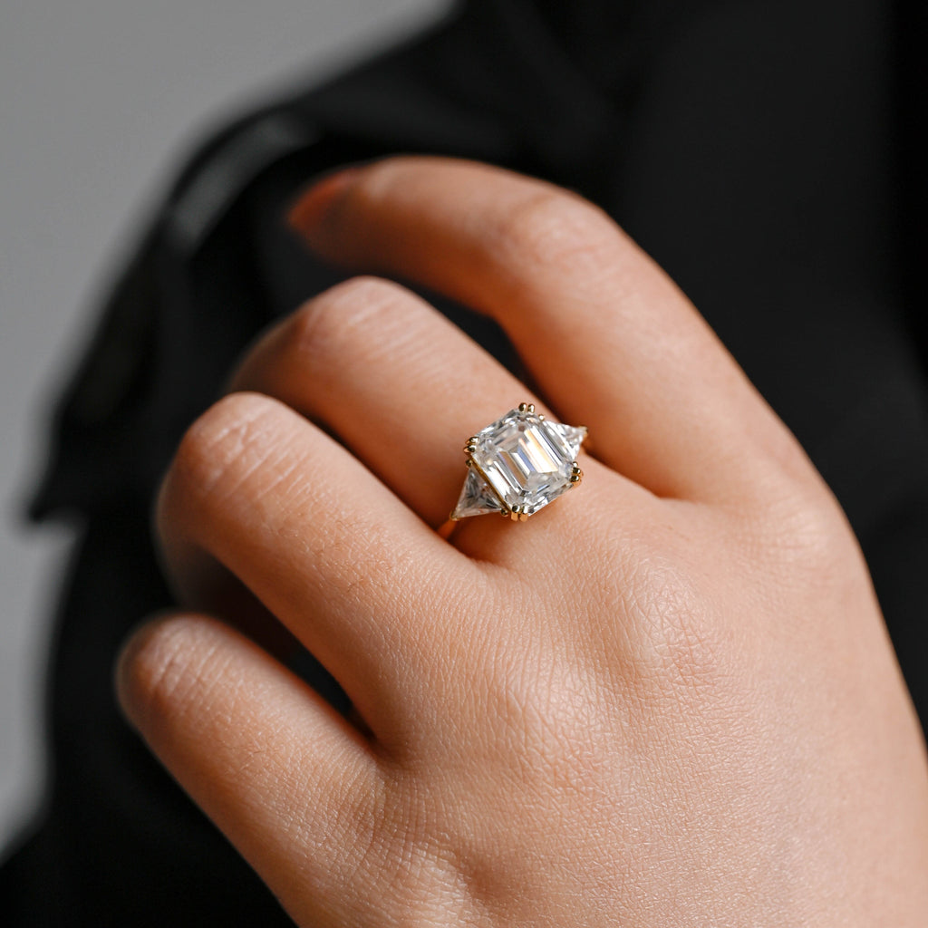 SquareJewelry emerald cut moissanite engagement ring Solid Gold Trillion Accents Emerald Cut Moissanite Engagement Ring