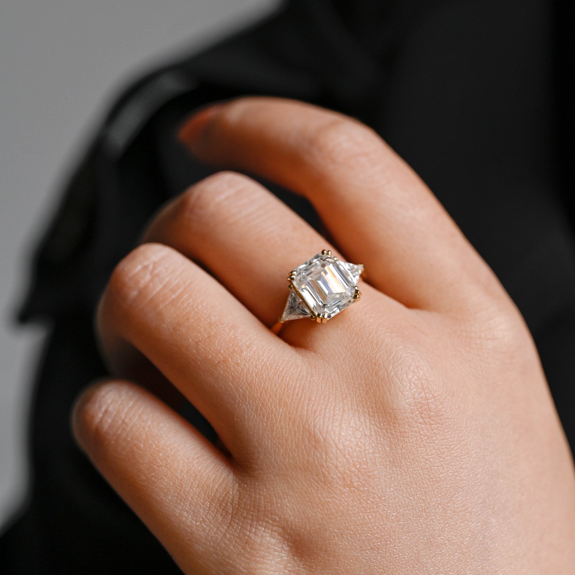 SquareJewelry emerald cut moissanite engagement ring Solid Gold Trillion Accents Emerald Cut Moissanite Engagement Ring