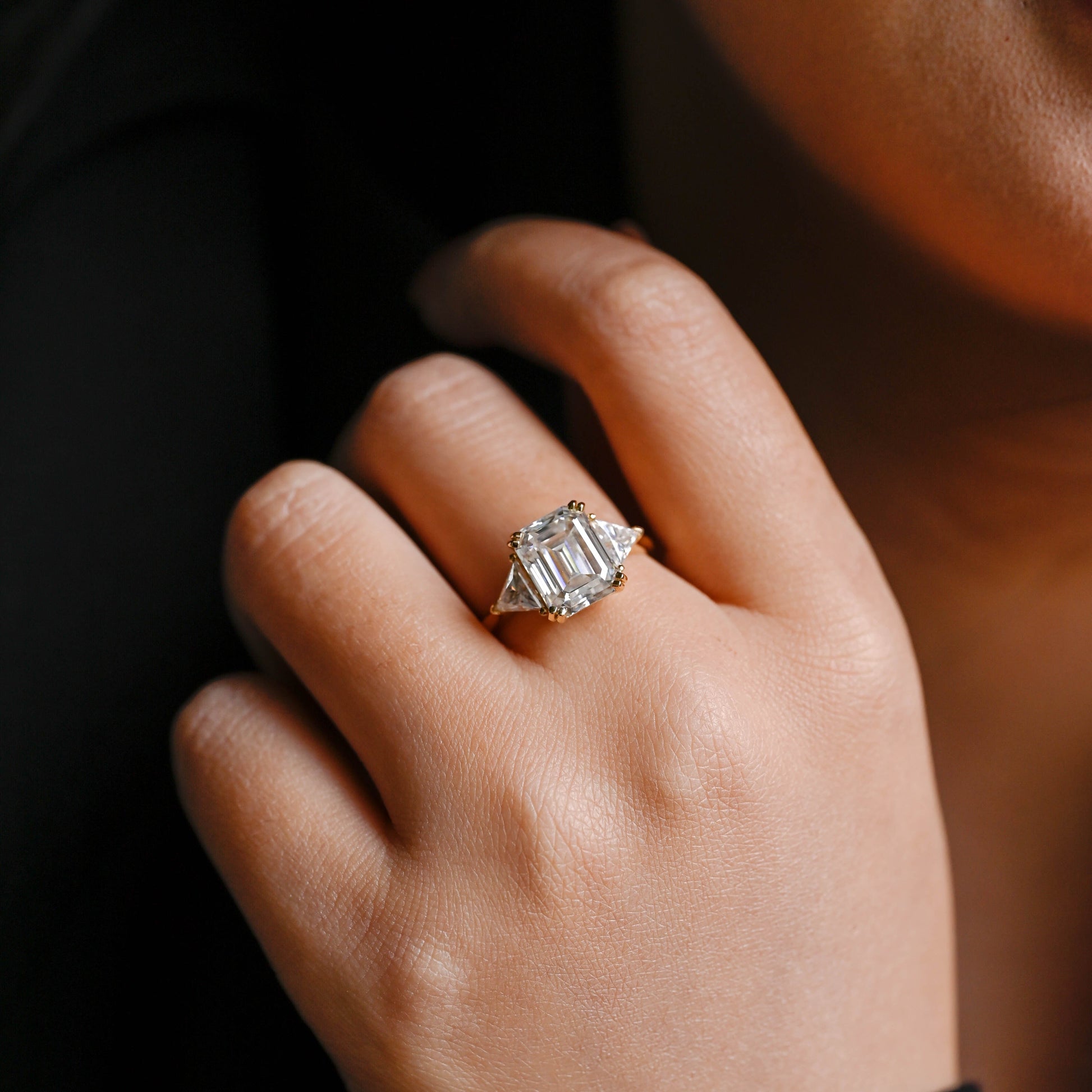 SquareJewelry emerald cut moissanite engagement ring Solid Gold Trillion Accents Emerald Cut Moissanite Engagement Ring