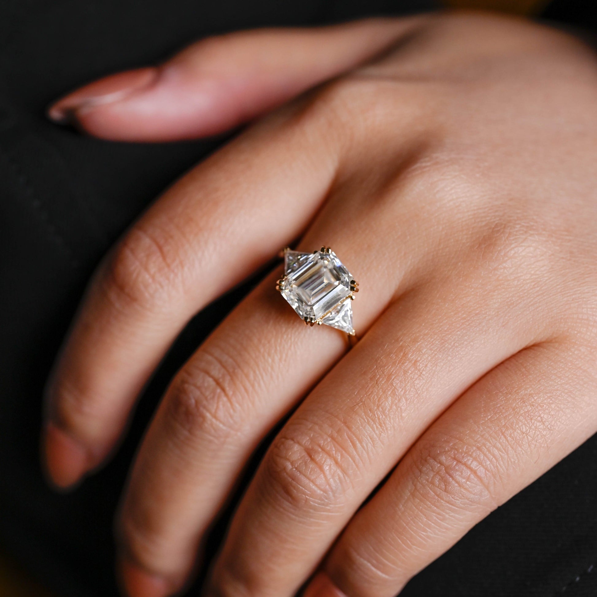 SquareJewelry emerald cut moissanite engagement ring Solid Gold Trillion Accents Emerald Cut Moissanite Engagement Ring