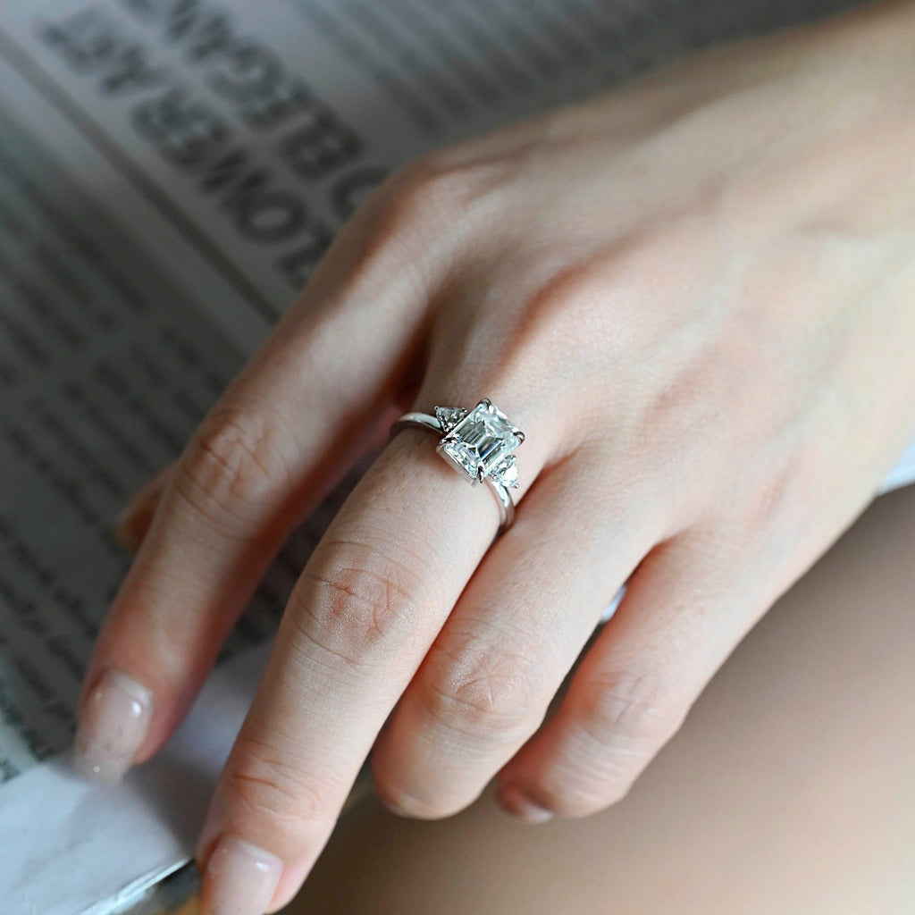 SquareJewelry emerald cut moissanite engagement ring Solid Gold Trillion Accents Stackable Emerald Cut Moissanite Engagement Ring