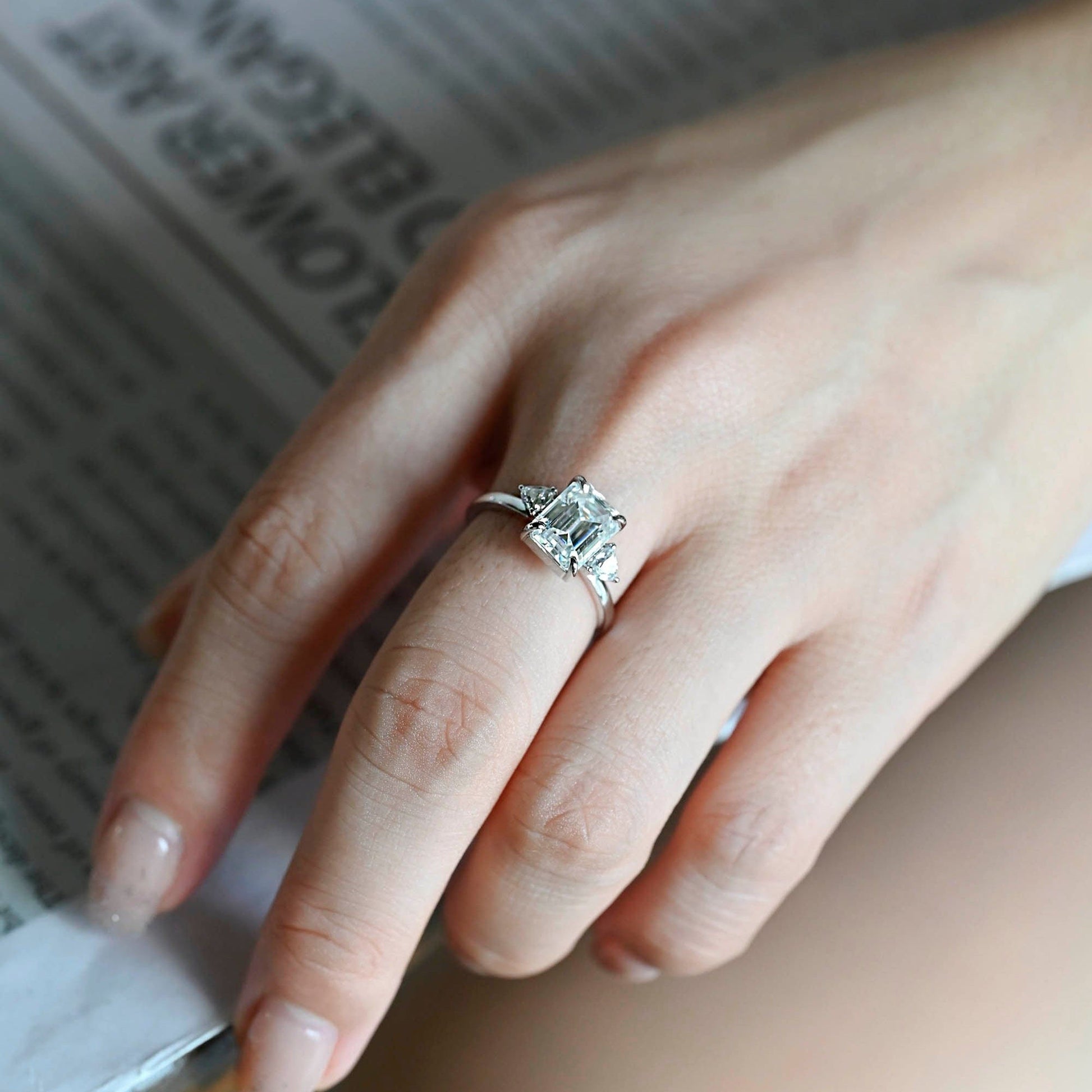 SquareJewelry emerald cut moissanite engagement ring Solid Gold Trillion Accents Stackable Emerald Cut Moissanite Engagement Ring