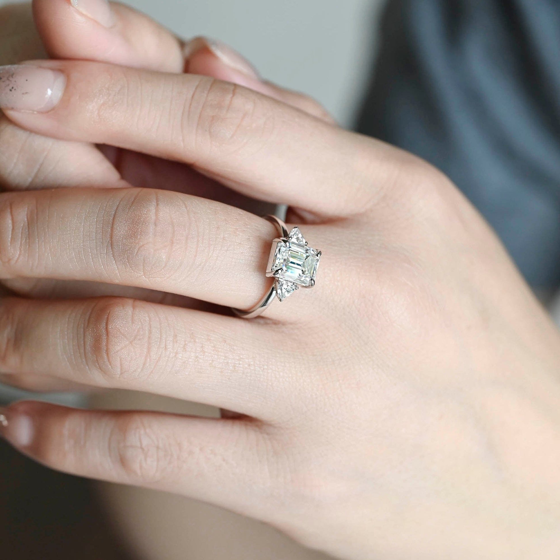 SquareJewelry emerald cut moissanite engagement ring Solid Gold Trillion Accents Stackable Emerald Cut Moissanite Engagement Ring