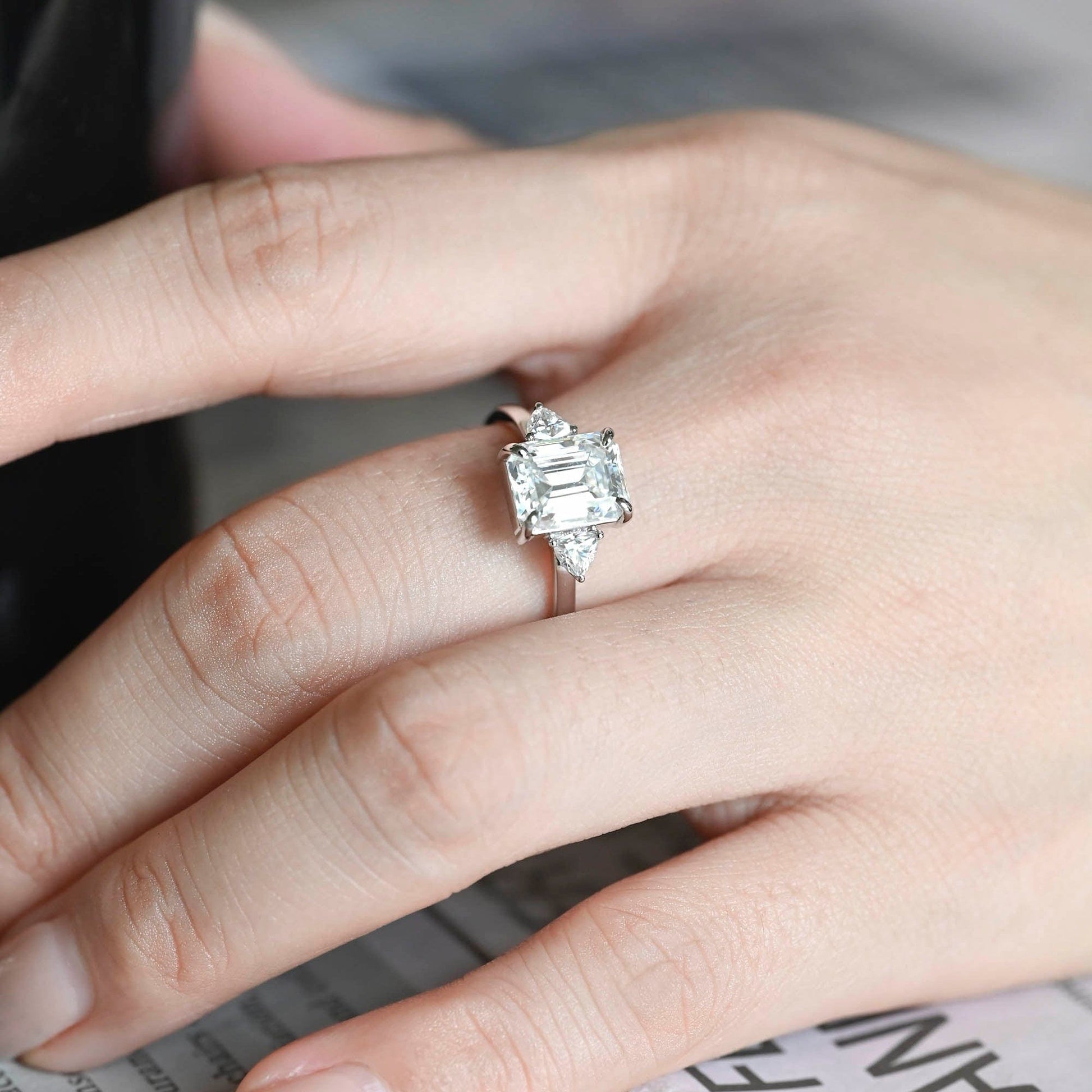 SquareJewelry emerald cut moissanite engagement ring Solid Gold Trillion Accents Stackable Emerald Cut Moissanite Engagement Ring