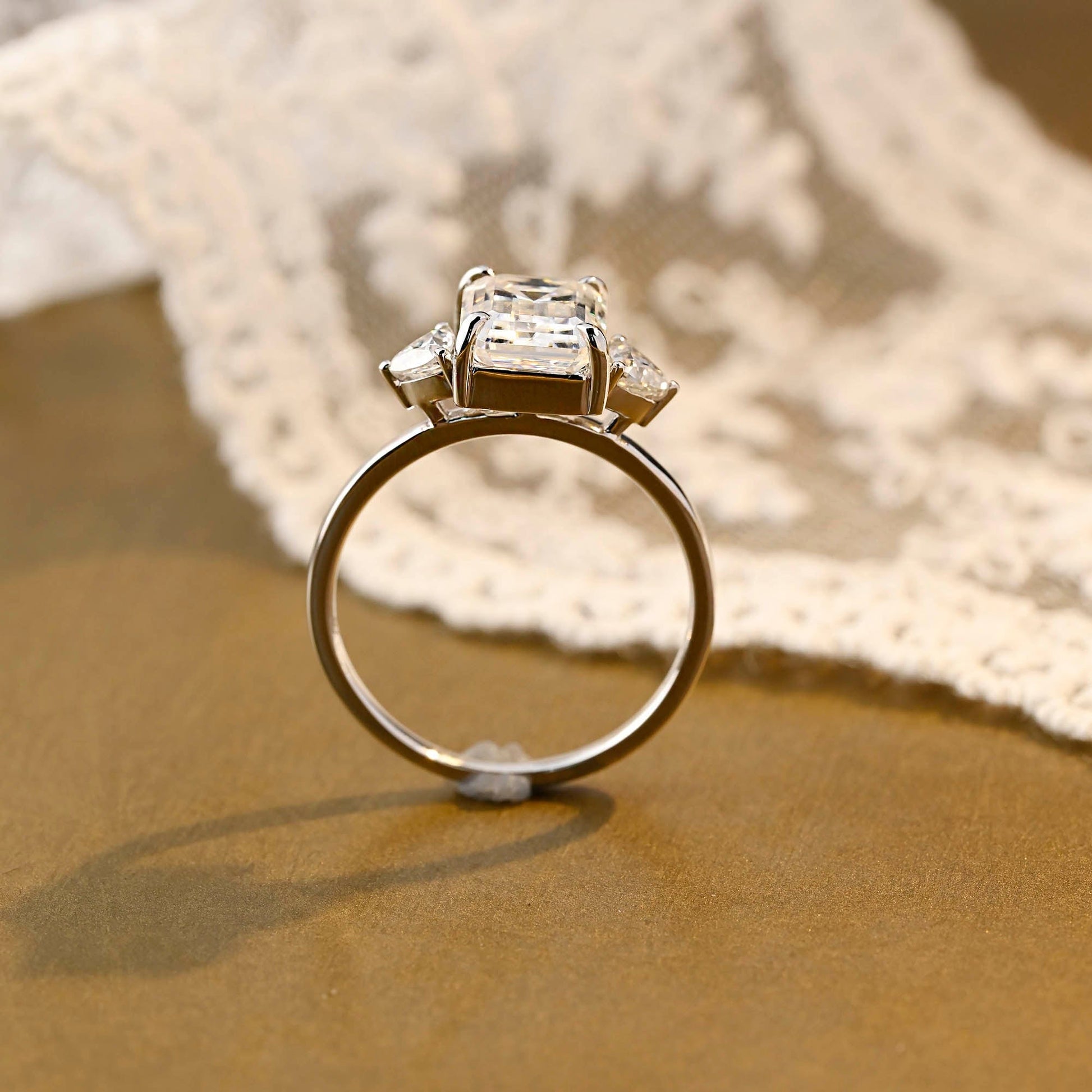 SquareJewelry emerald cut moissanite engagement ring Solid Gold Trillion Accents Stackable Emerald Cut Moissanite Engagement Ring