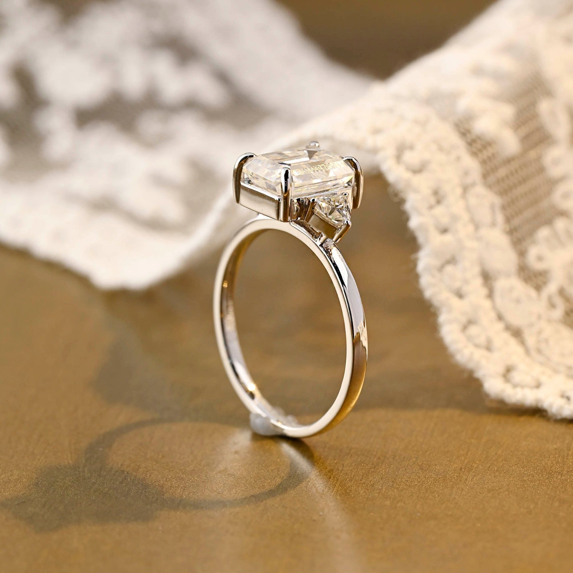 SquareJewelry emerald cut moissanite engagement ring Solid Gold Trillion Accents Stackable Emerald Cut Moissanite Engagement Ring